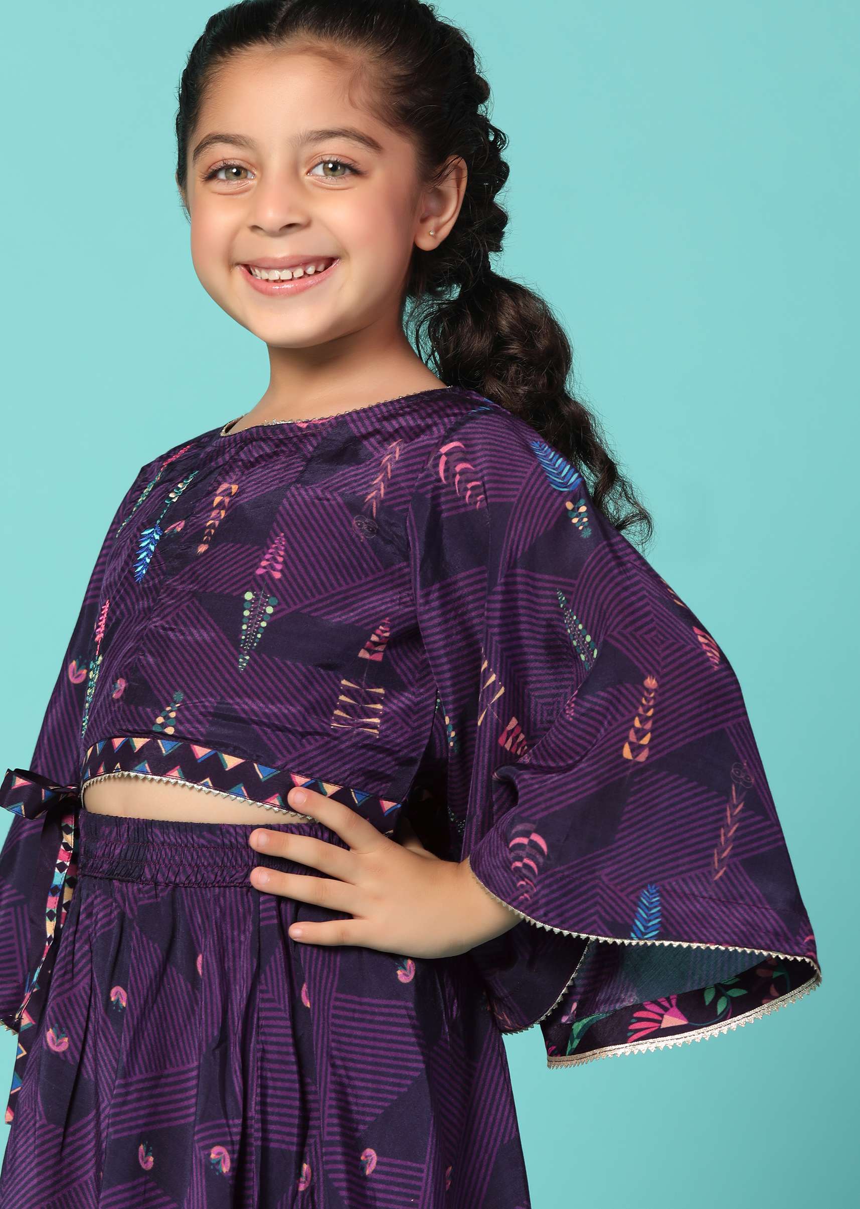 Kalki Wine Purple Top and Lehenga Set In Moga Silk With Print For Girls - Image 4