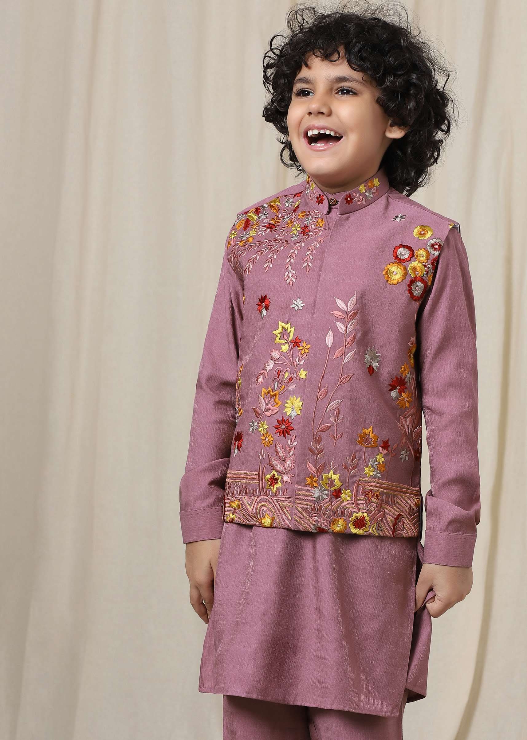 Kalki Wistful Mauve Purple Embroidered Bandi Kurta Set In Silk For Boys - Image 2