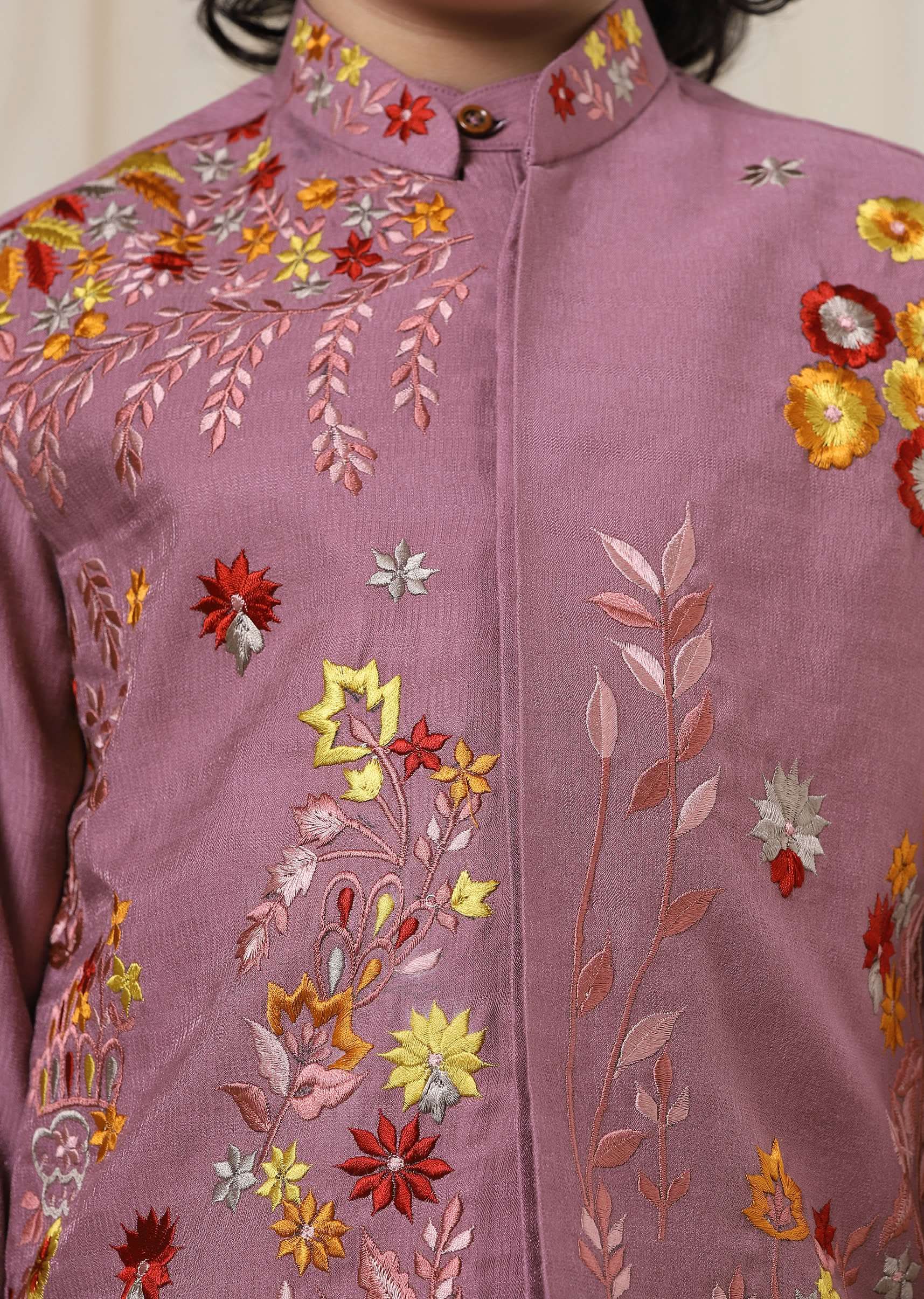 Kalki Wistful Mauve Purple Embroidered Bandi Kurta Set In Silk For Boys - Image 4