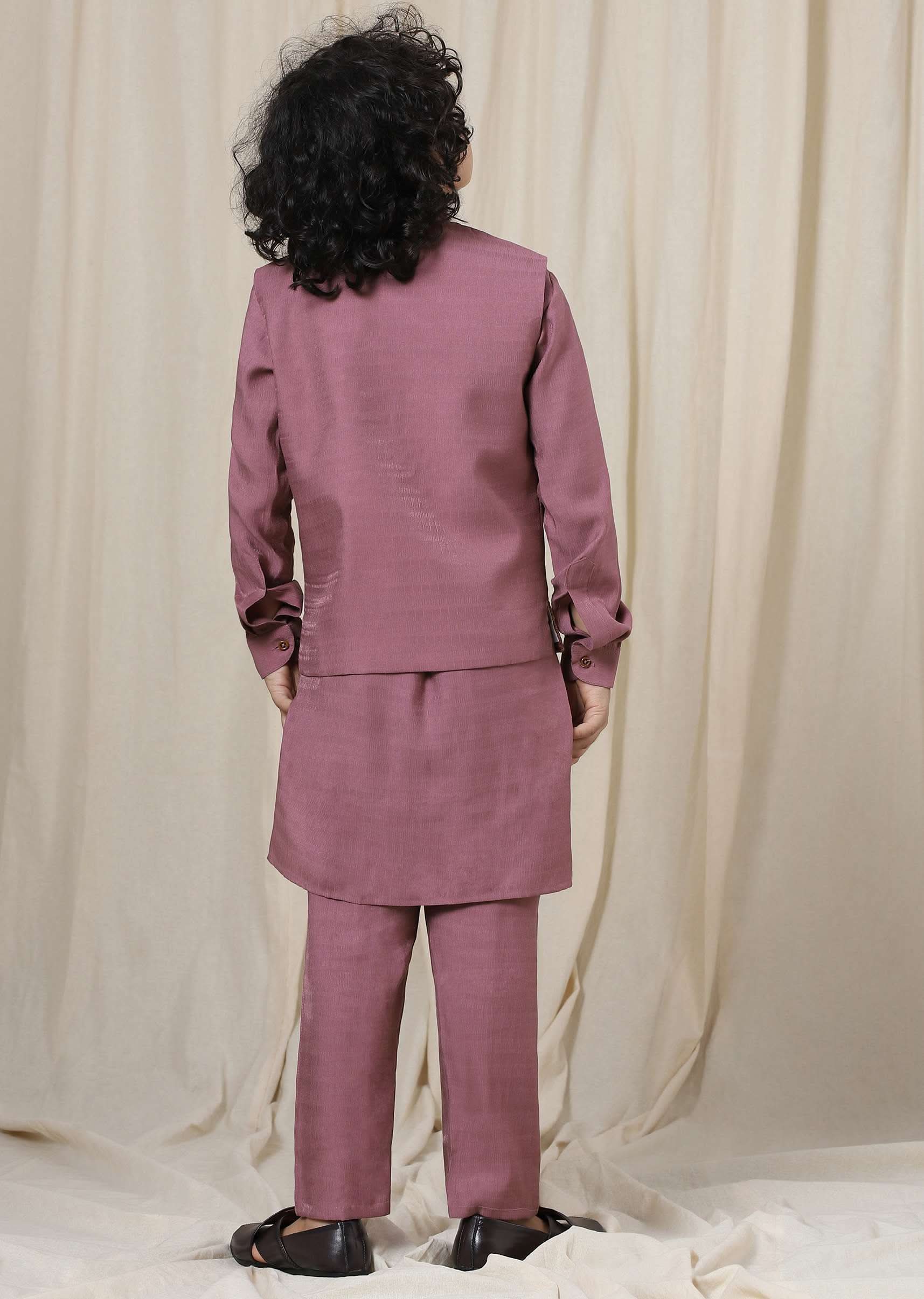 Kalki Wistful Mauve Purple Embroidered Bandi Kurta Set In Silk For Boys - Image 5