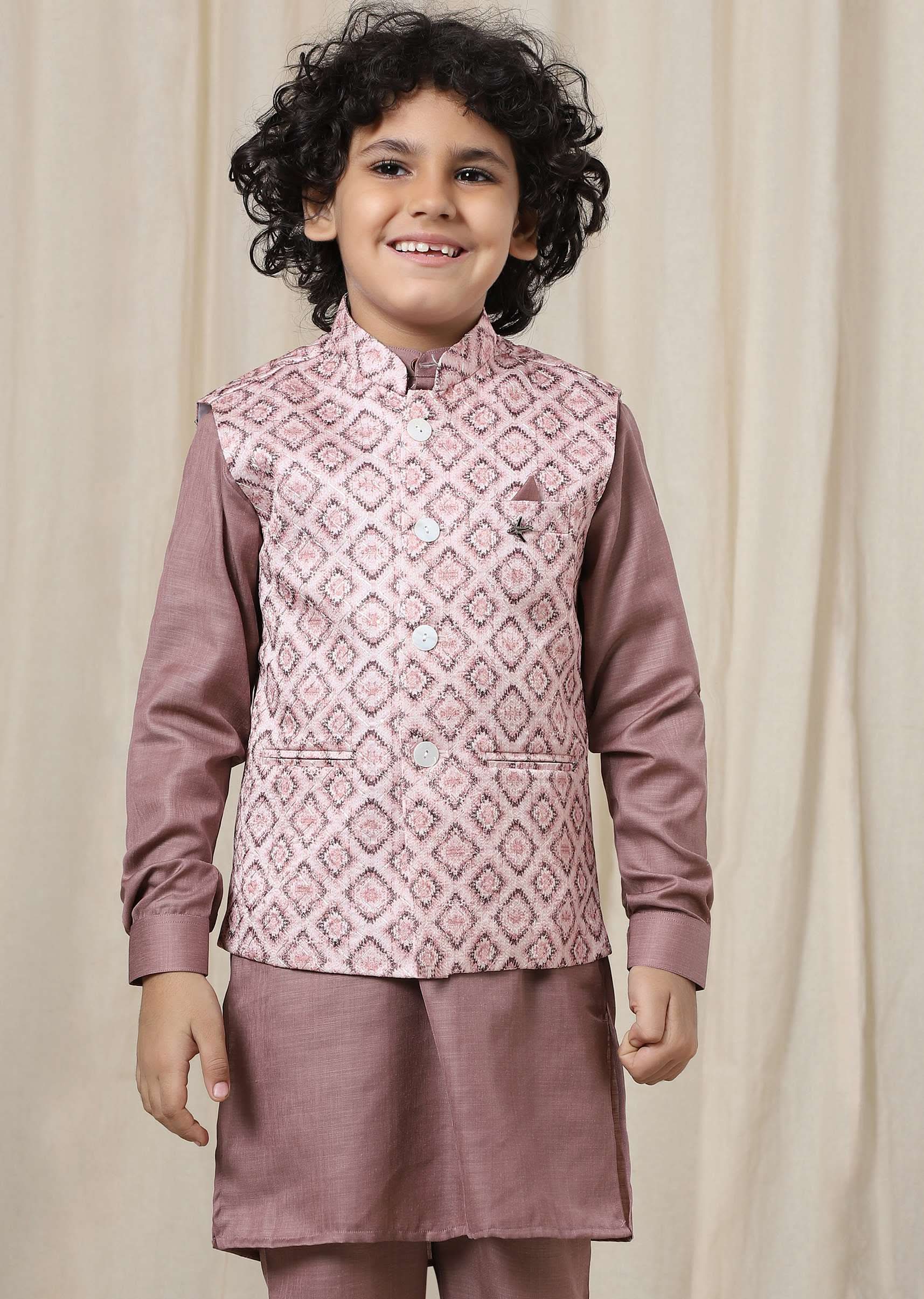 Kalki Woodrose Purple Kurta Set With Printed Bandi Jacket In Silk For Boys - Image 4