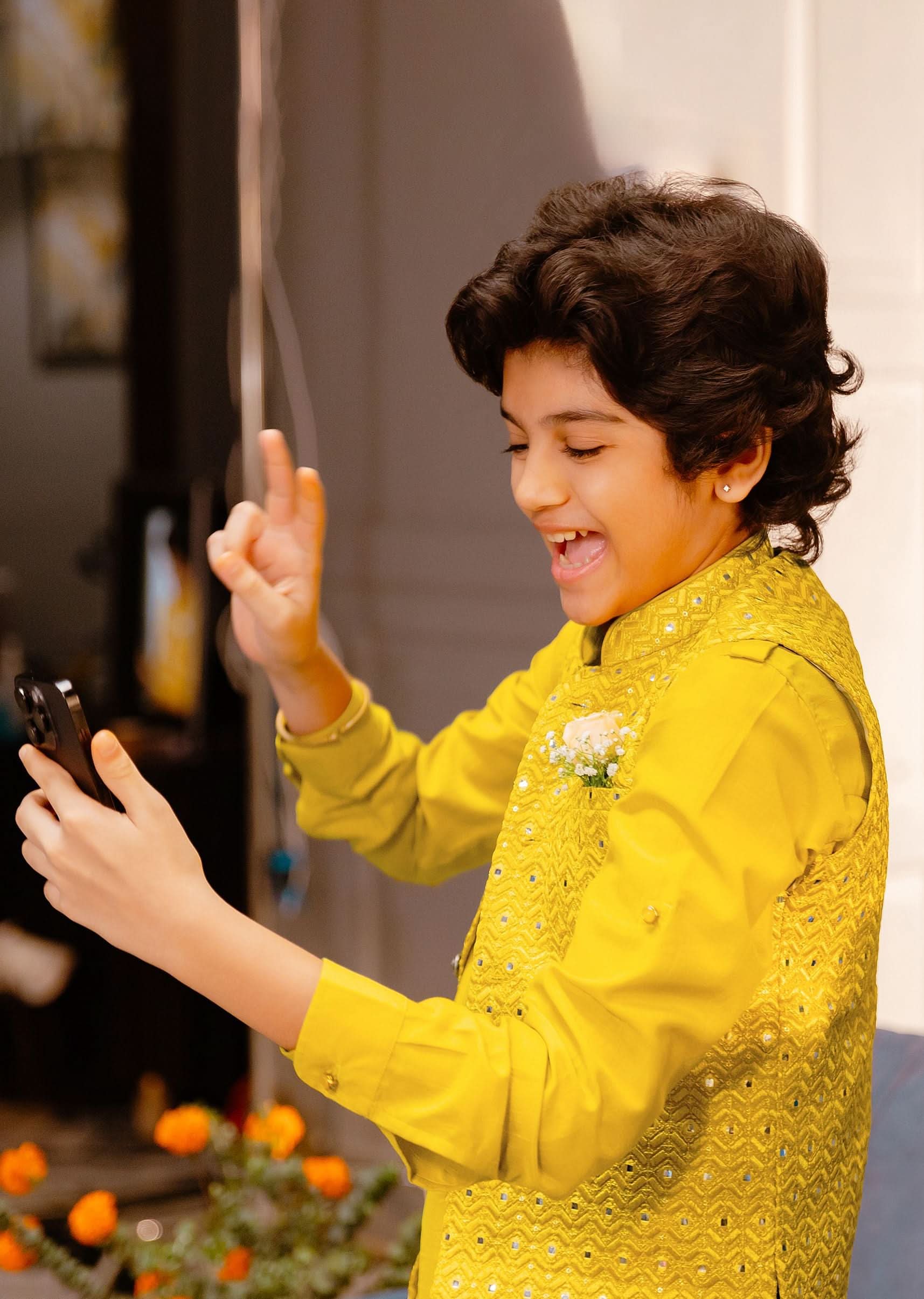 Kalki Yellow Embroidered Bandi Jacket Set With Abla Work For Boys - Image 6