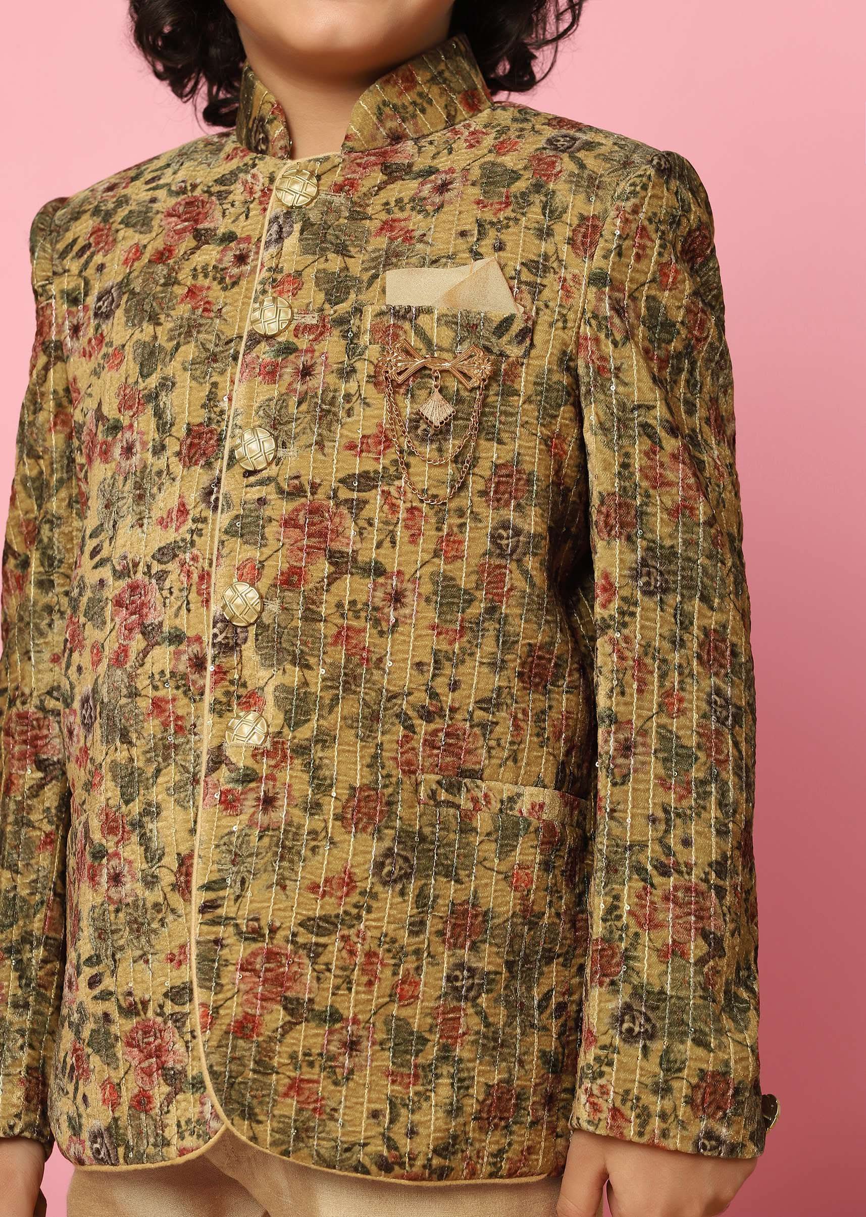 Kalki Yellow Velvet Sherwani Set With Sequins And Floral Print For Boys - Image 2