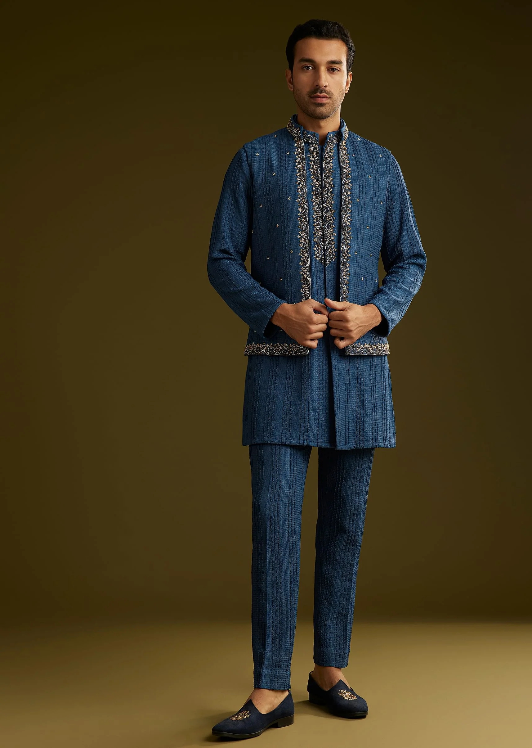 Knit Kurta Jacket Set With Moti Work In Navy Blue - Image 2