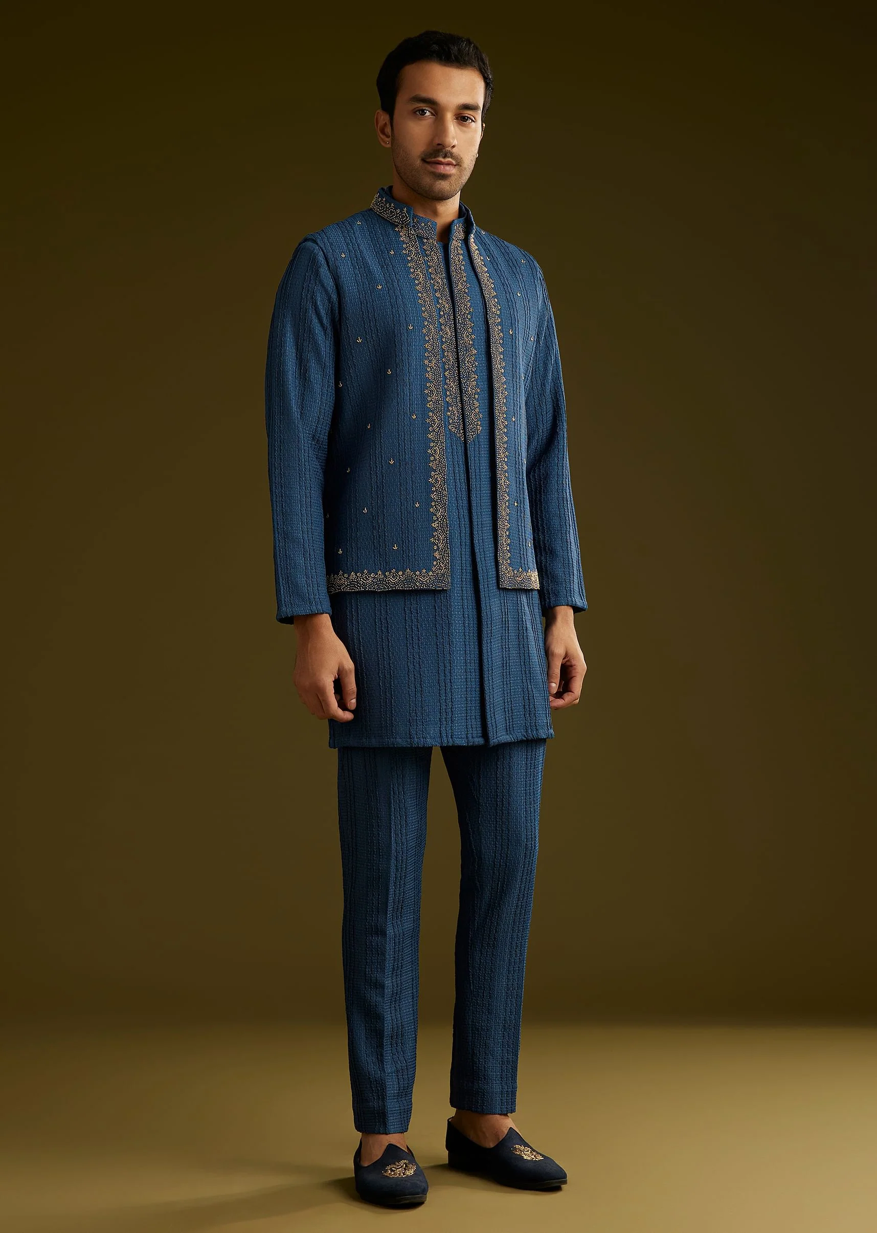 Knit Kurta Jacket Set With Moti Work In Navy Blue - Image 4