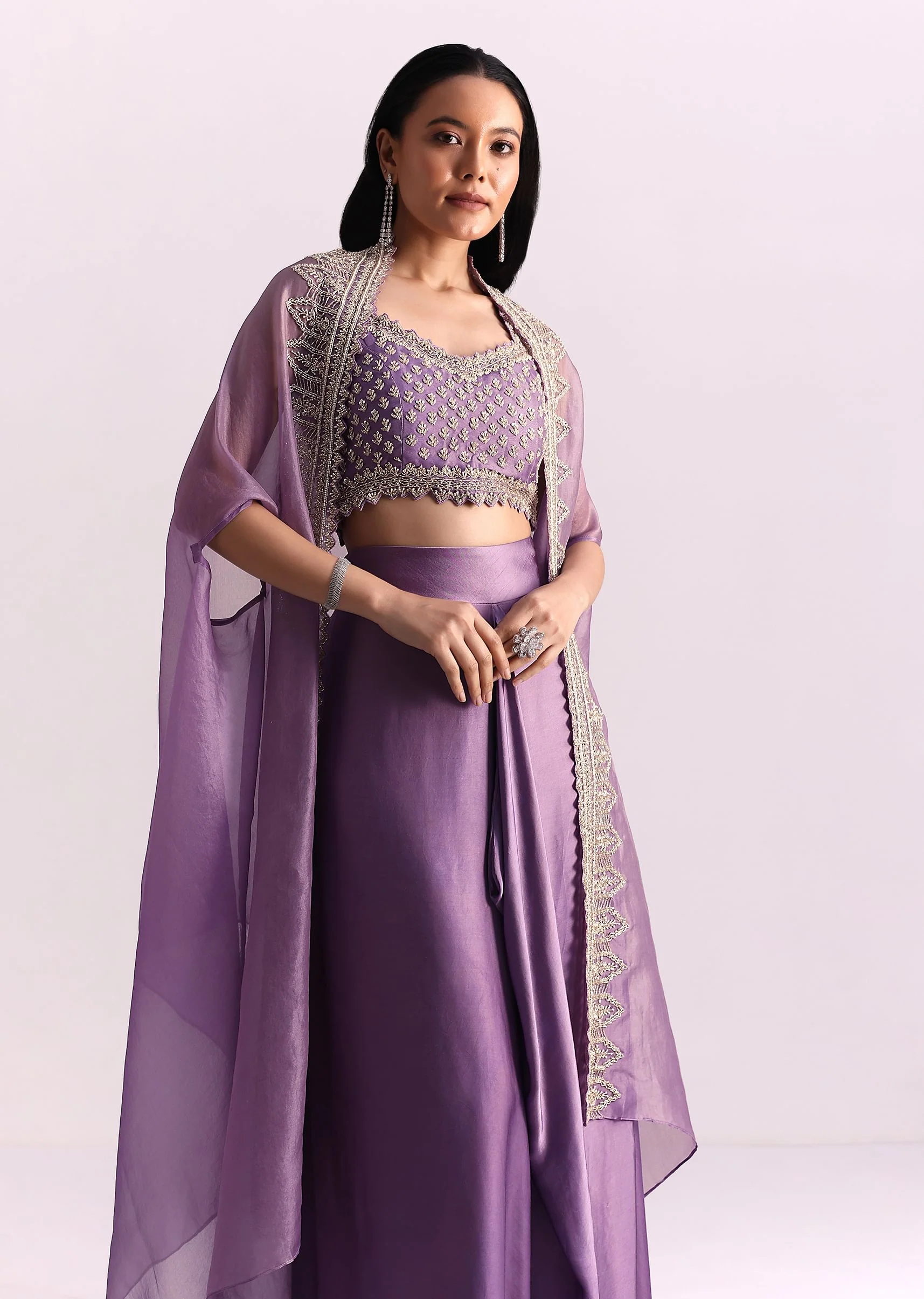 Lavendar Embroidered Crop Top And Sequin Work Jacket With Draped Skirt - Image 2