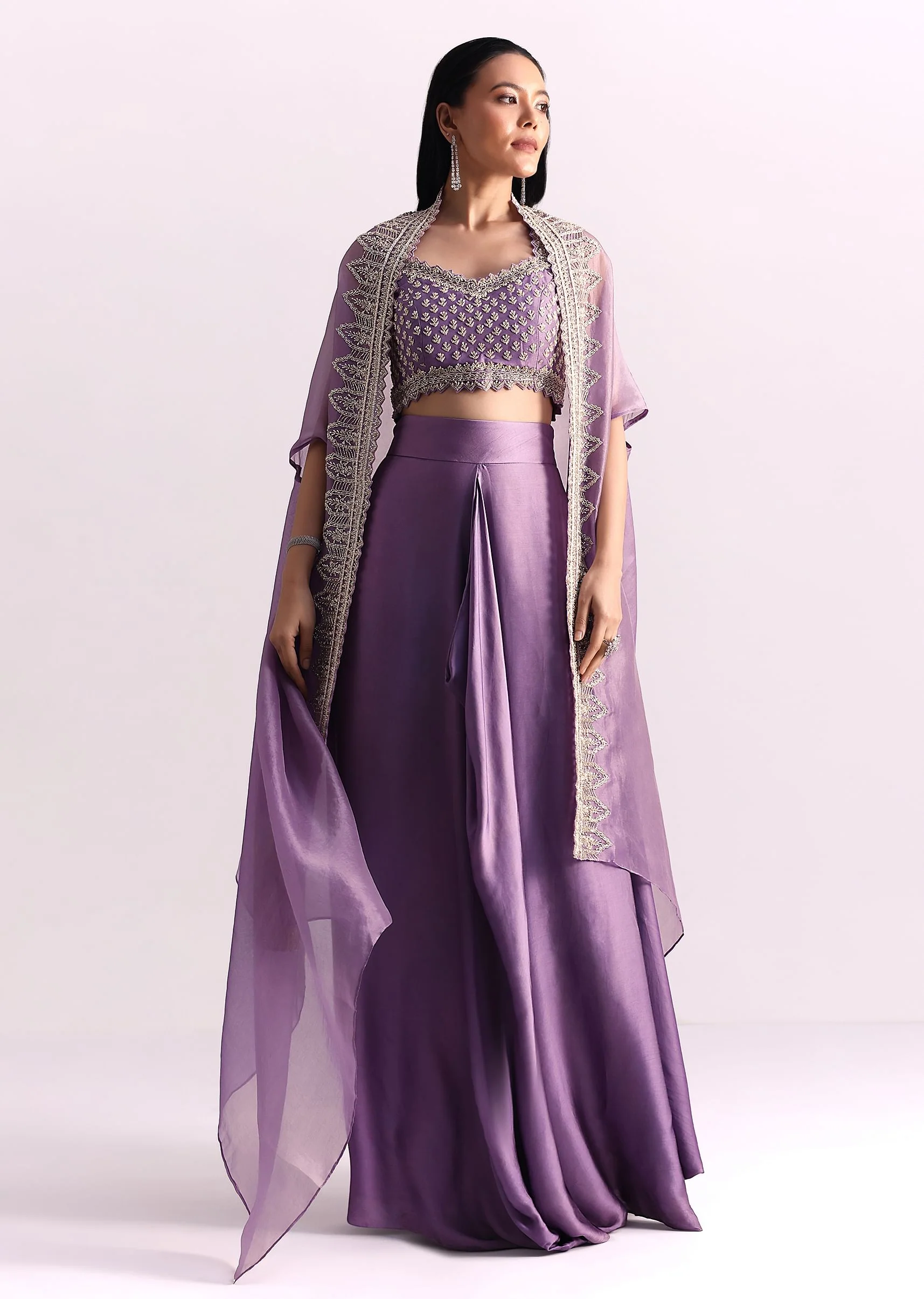 Lavendar Embroidered Crop Top And Sequin Work Jacket With Draped Skirt - Image 3