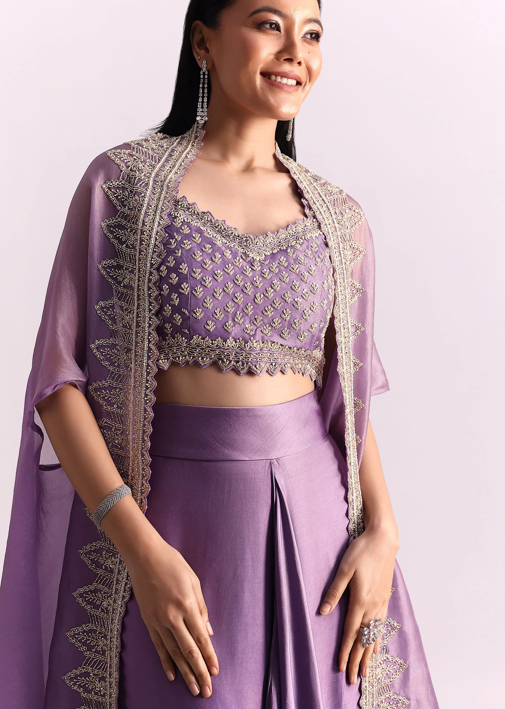 Lavendar Embroidered Crop Top And Sequin Work Jacket With Draped Skirt - Image 4