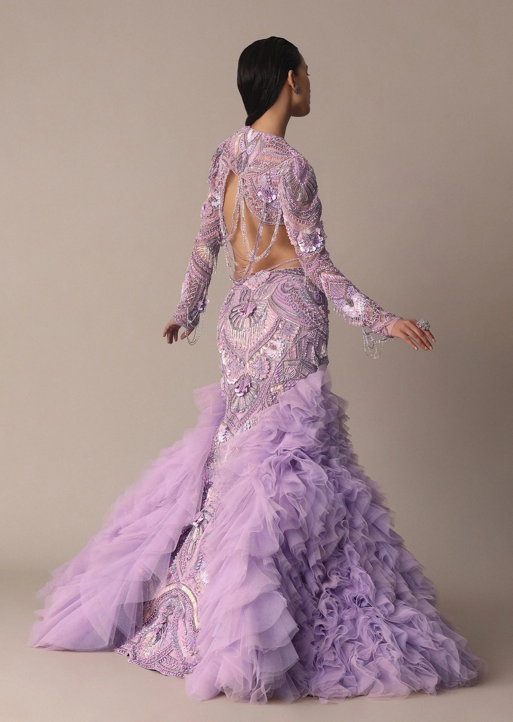 Lavender 3D Ruffle Fish Cut Skirt And Crystal Blouse Set - Image 3