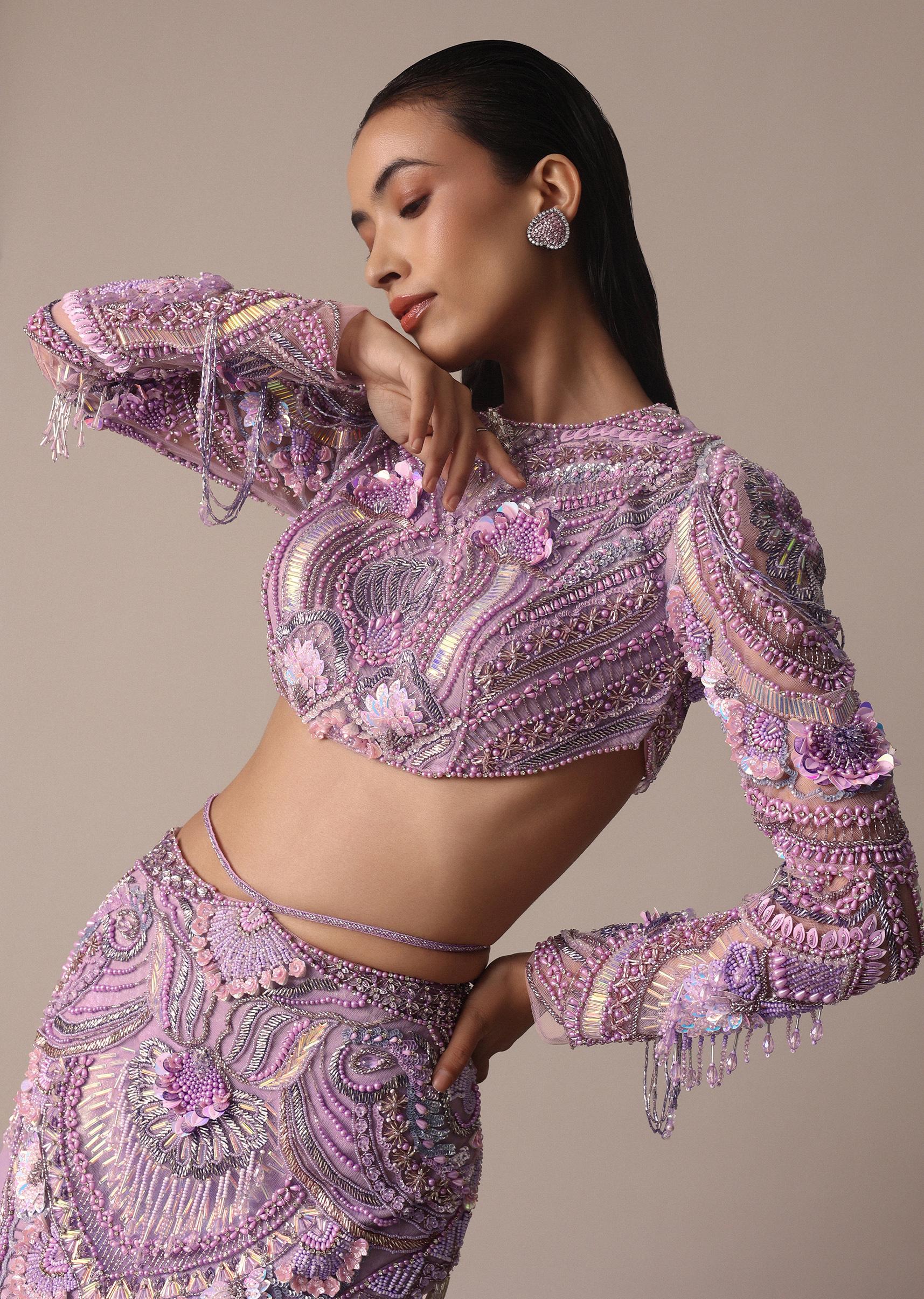 Lavender 3D Ruffle Fish Cut Skirt And Crystal Blouse Set - Image 4