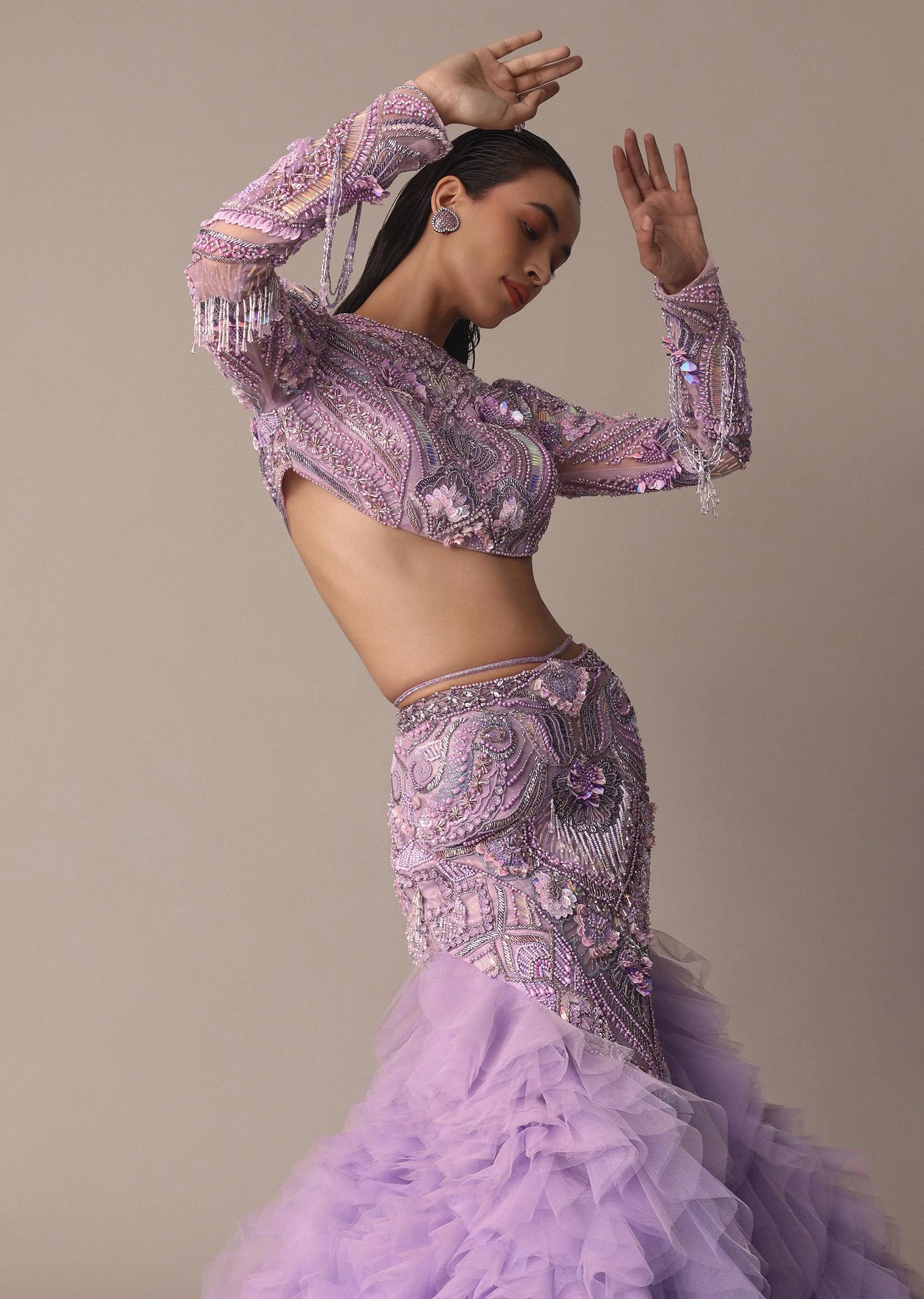 Lavender 3D Ruffle Fish Cut Skirt And Crystal Blouse Set - Image 5