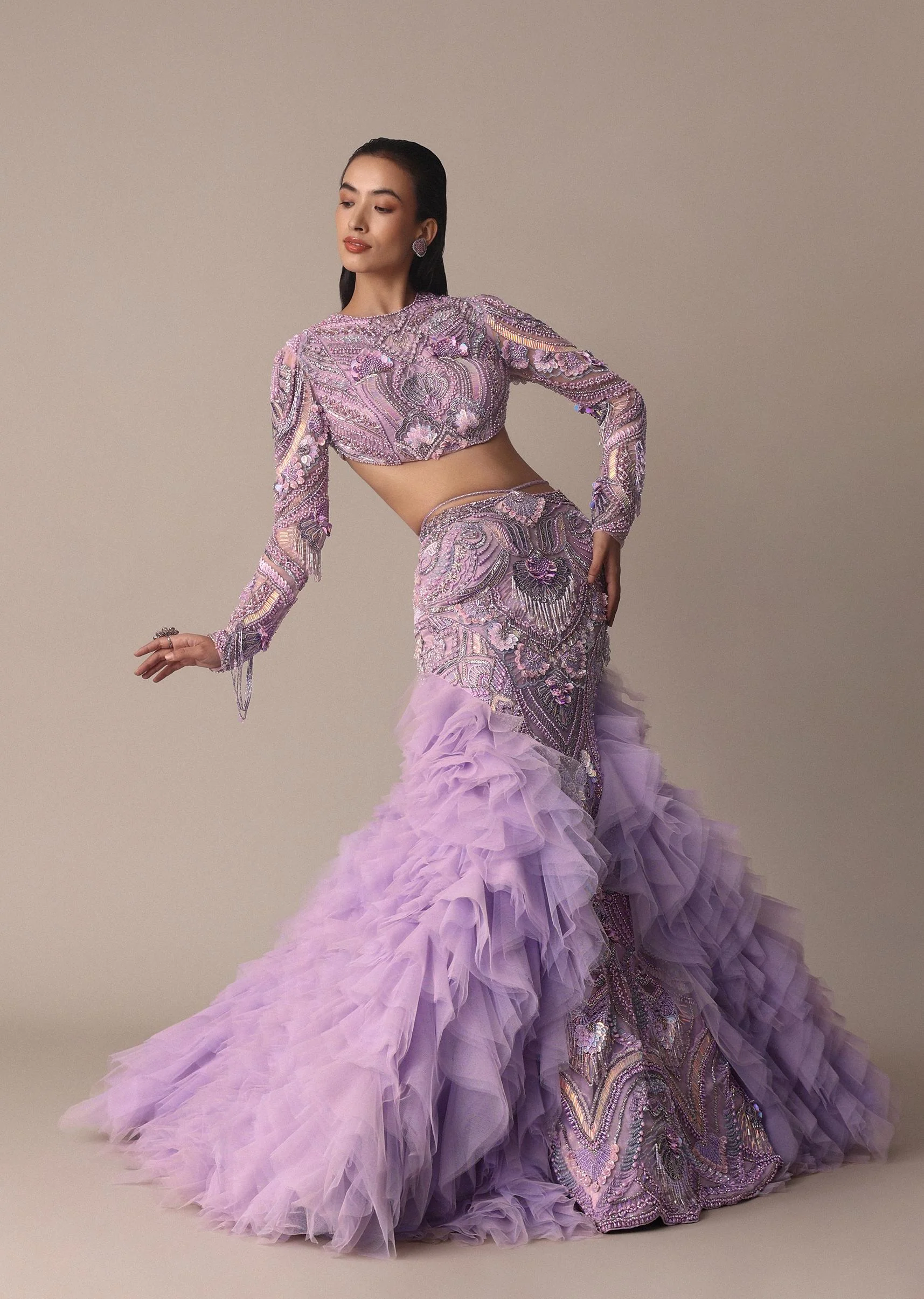 Lavender 3D Ruffle Fish Cut Skirt And Crystal Blouse Set - Image 6