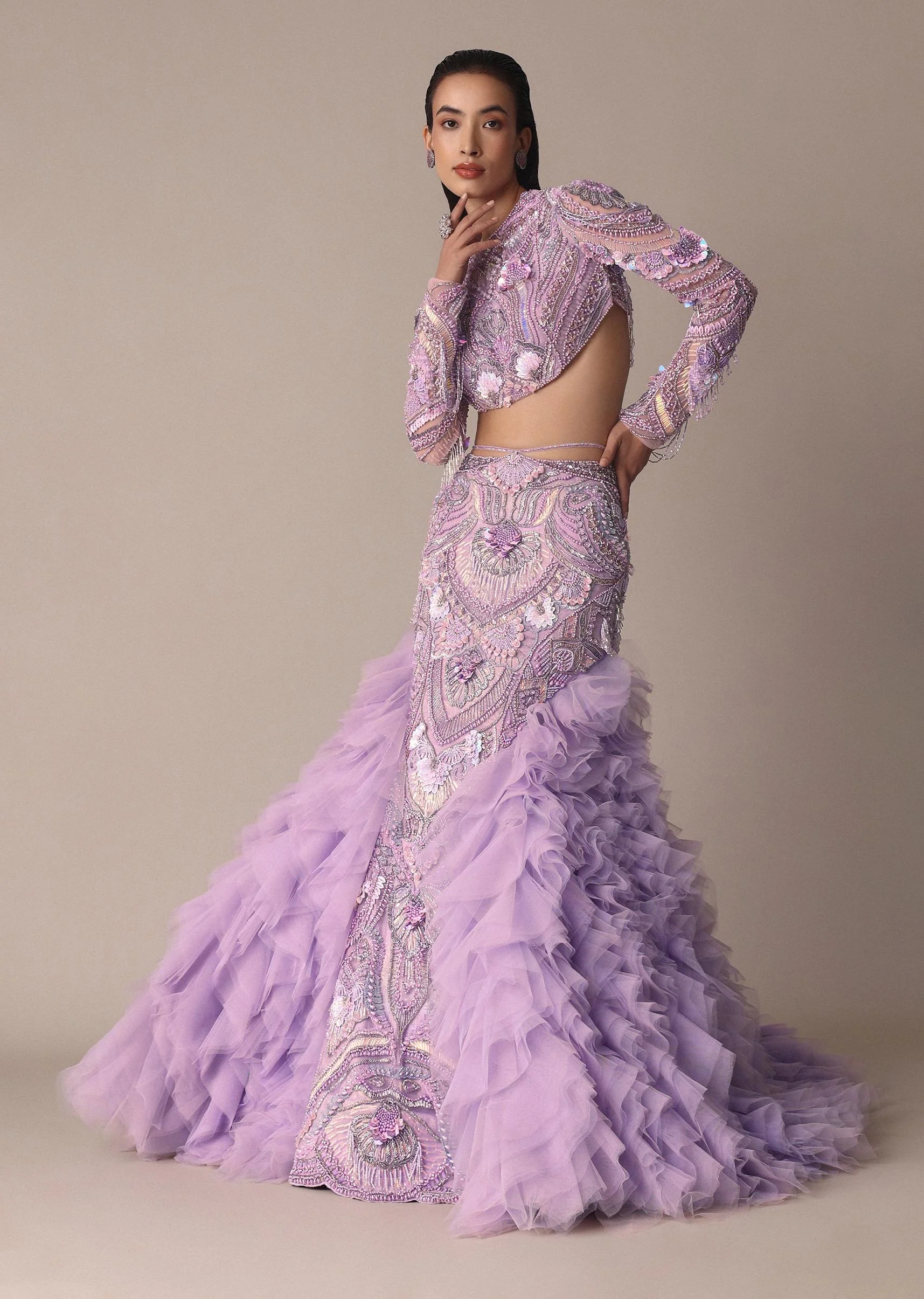 Lavender 3D Ruffle Fish Cut Skirt And Crystal Blouse Set - Image 9