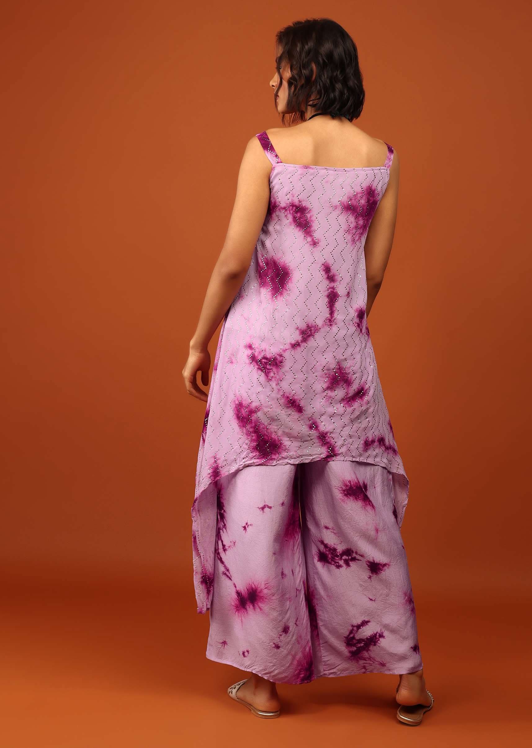 Lavender And Plum Purple Tie Dye Print Top & Bottom Set Embellished In Georgette - Image 7