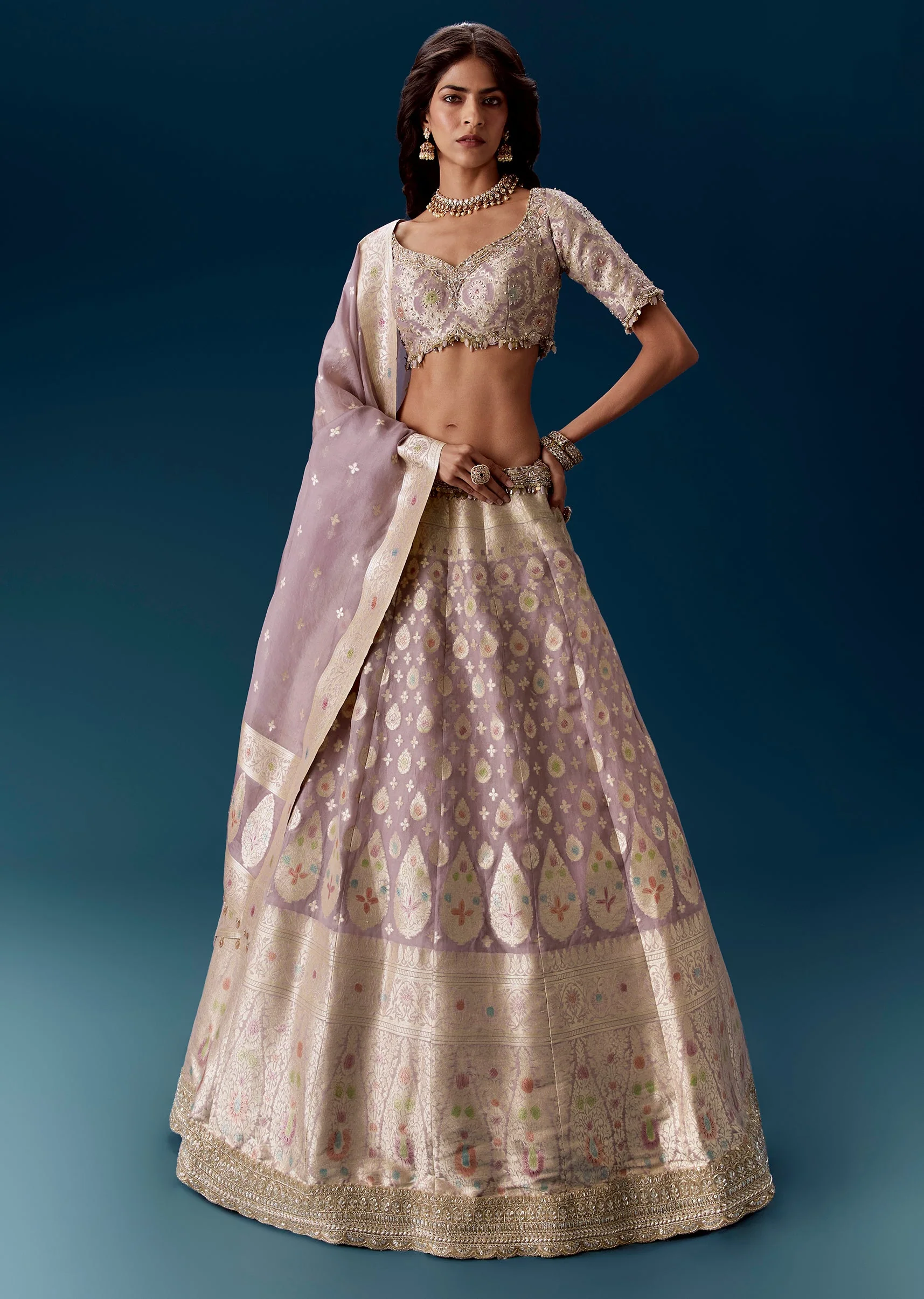 Lavender Banarasi Bridal Lehengas With Embroidered Blouse And Dupatta
