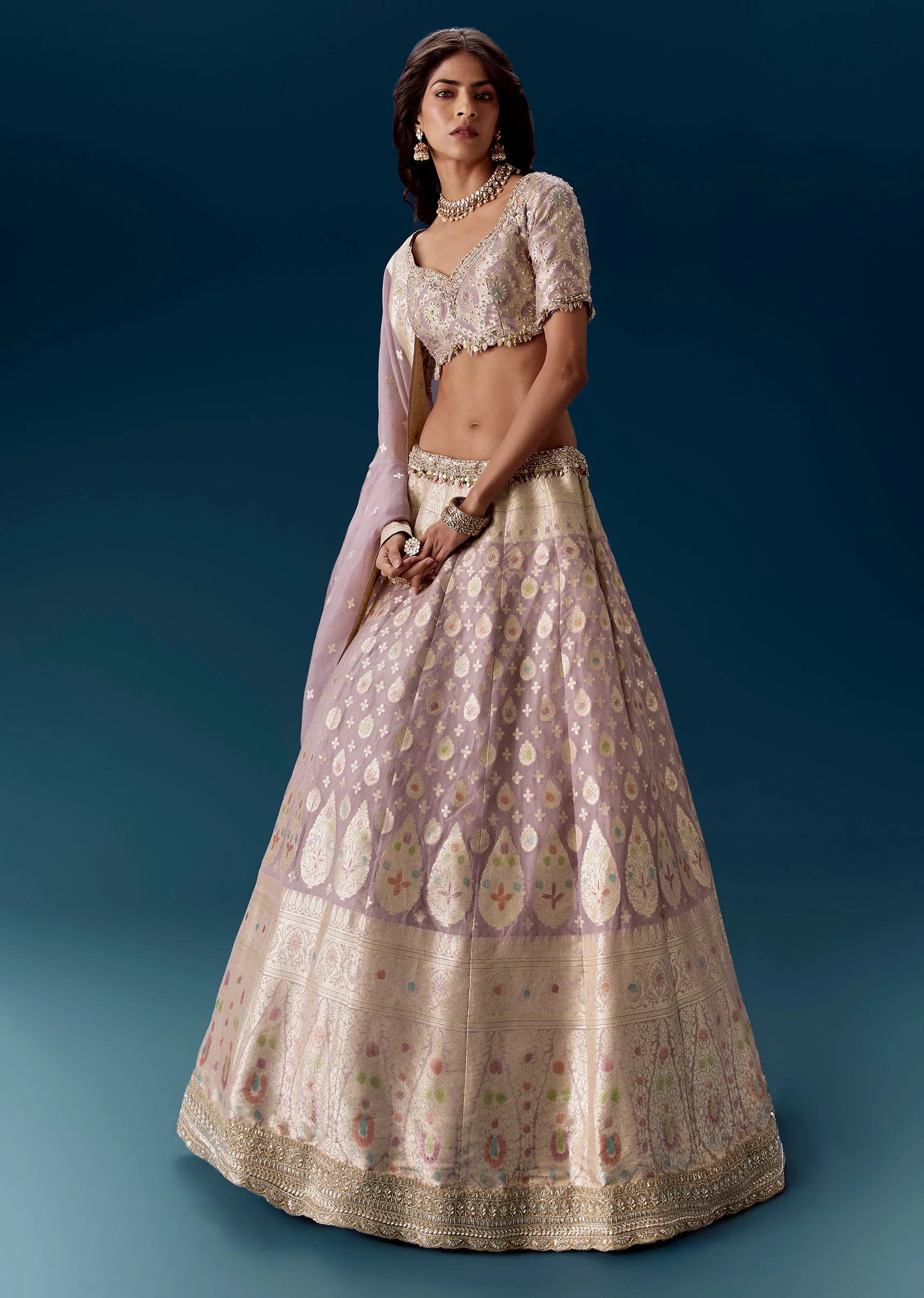 Lavender Banarasi Bridal Lehengas With Embroidered Blouse And Dupatta - Image 4