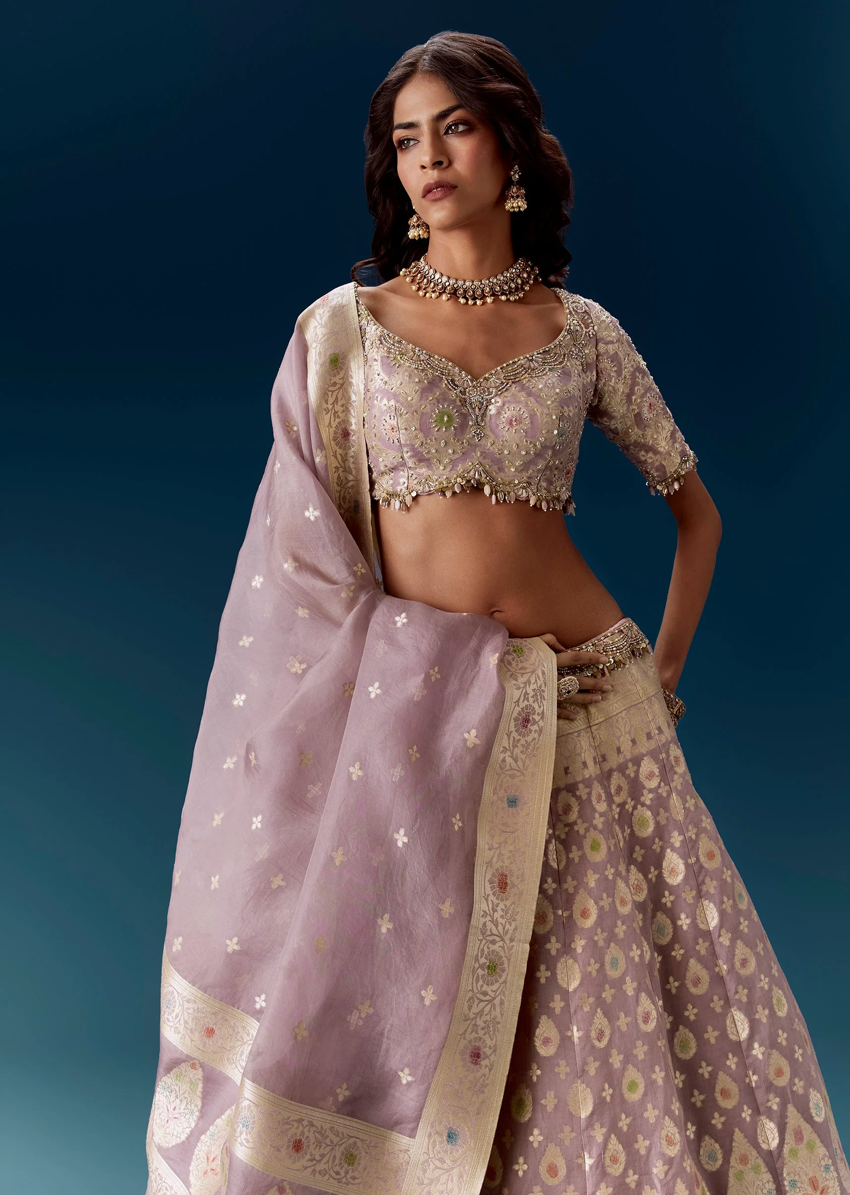 Lavender Banarasi Bridal Lehengas With Embroidered Blouse And Dupatta - Image 5