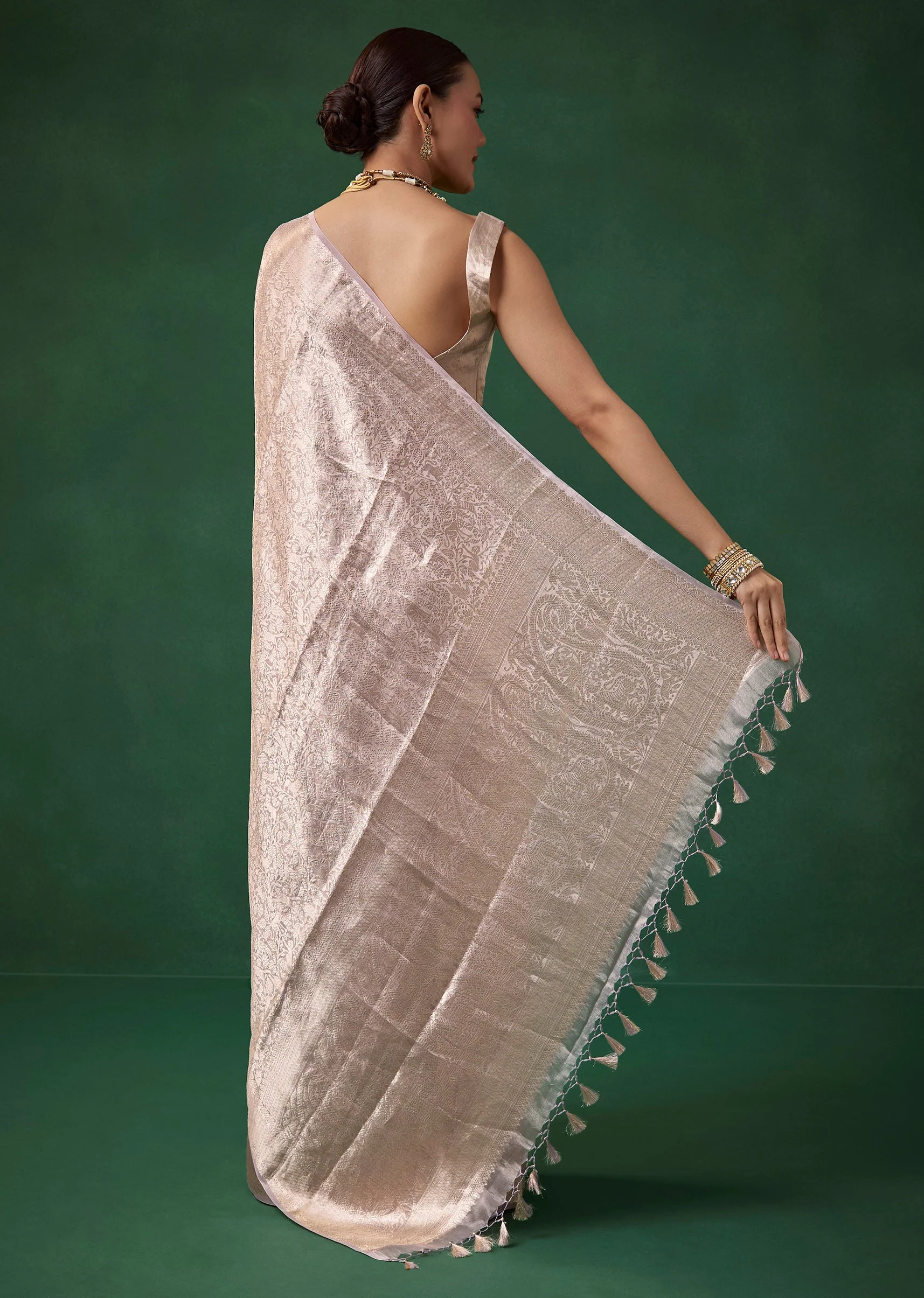 Lavender Banarasi Tissue Silk Jacquard Weave Saree with Unstitched Blouse - Image 4