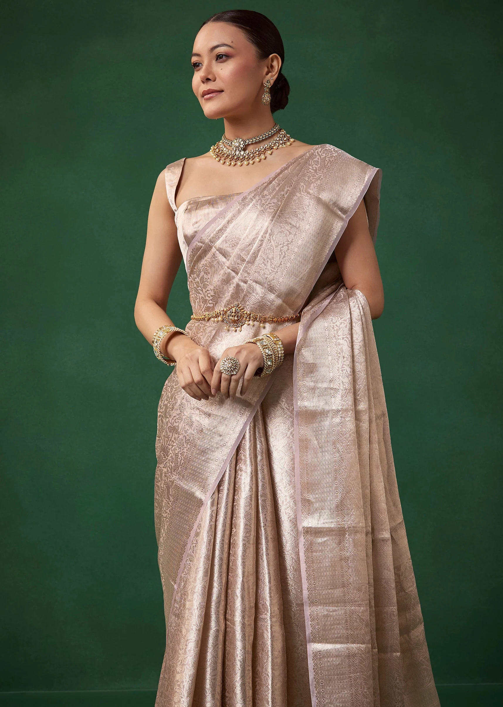 Lavender Banarasi Tissue Silk Jacquard Weave Saree with Unstitched Blouse - Image 5