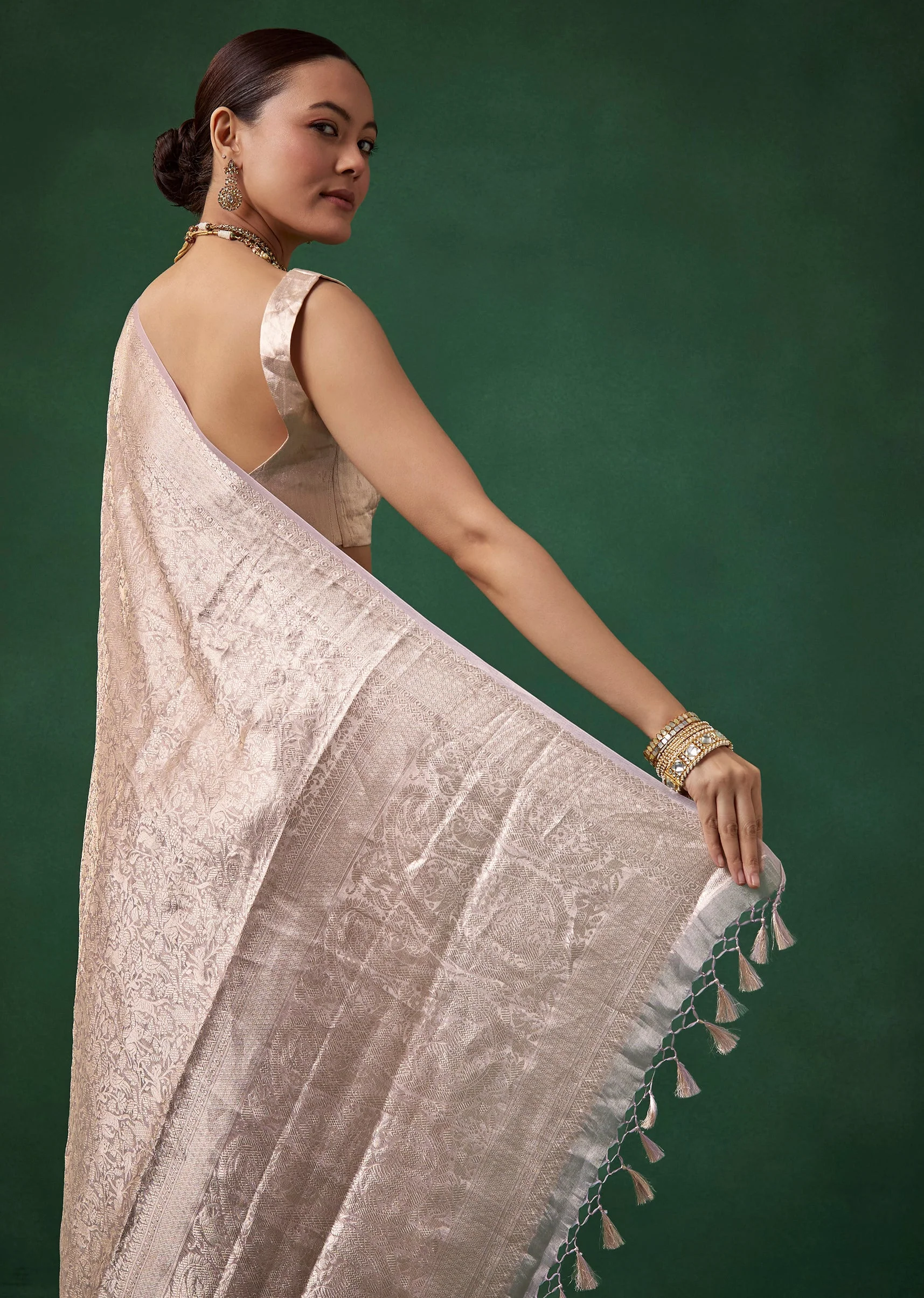 Lavender Banarasi Tissue Silk Jacquard Weave Saree with Unstitched Blouse - Image 6