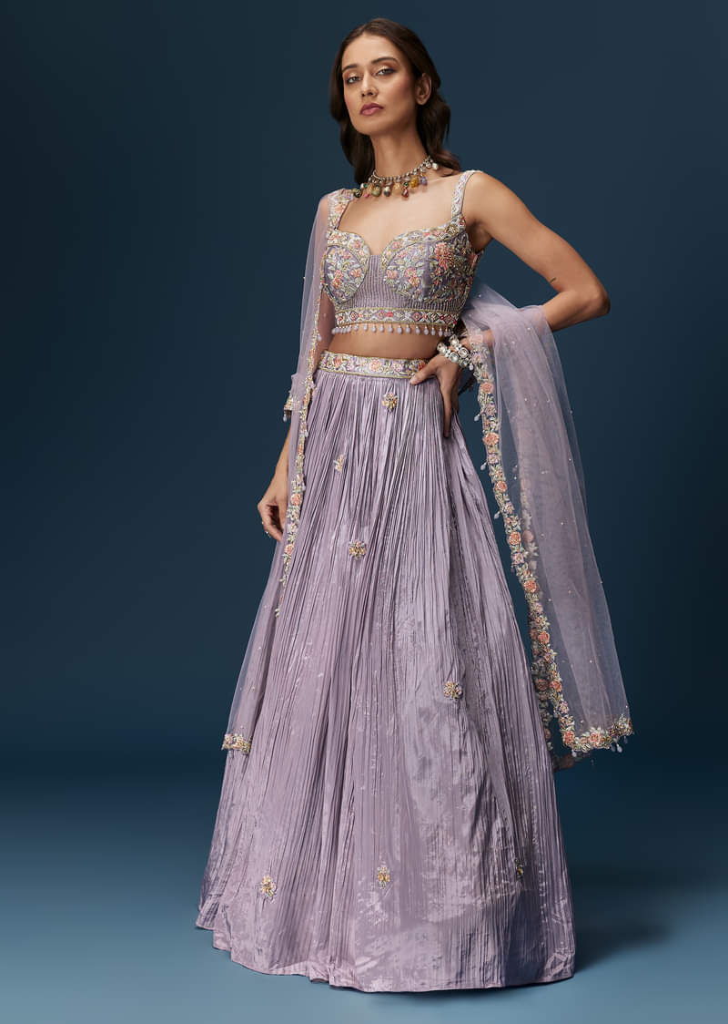 Lavender Bridesmaid Lehenga With Sweetheart Neckline Blouse And Embroidered Dupatta