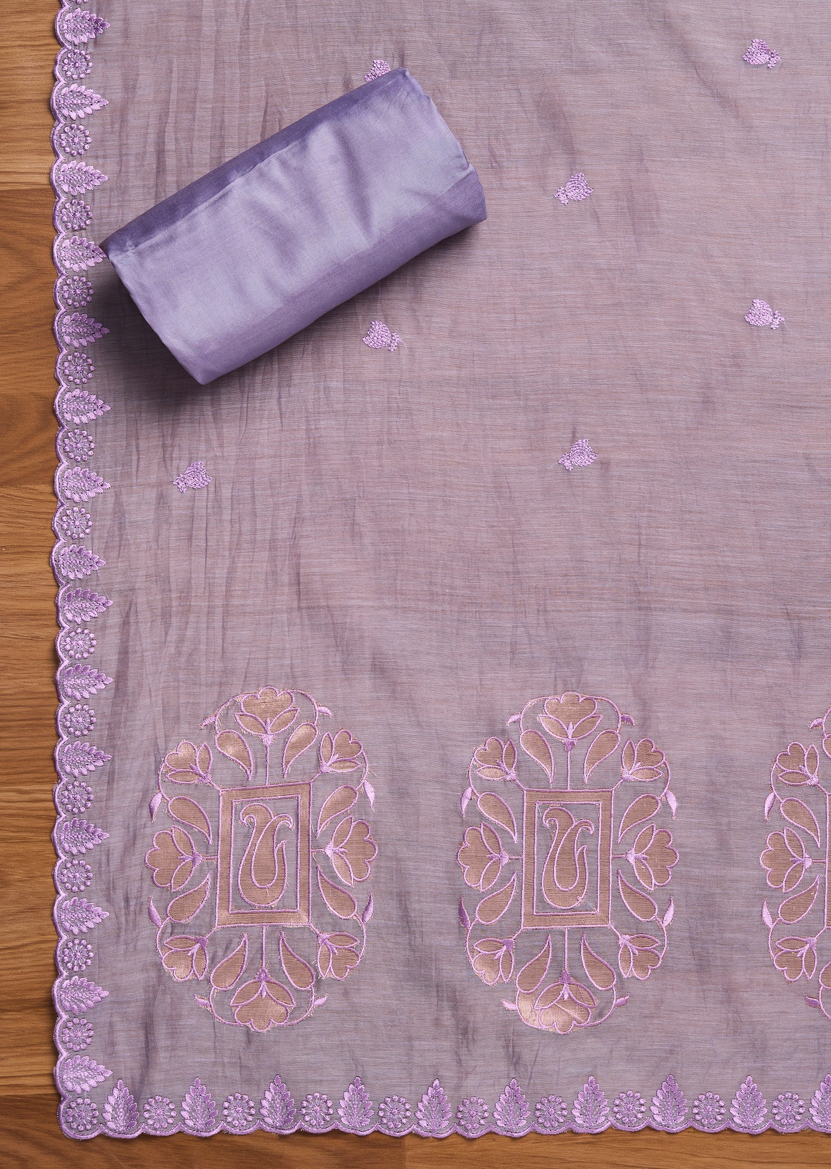 Lavender Chanderi Embroidered Unstitched Suit Set - Image 3