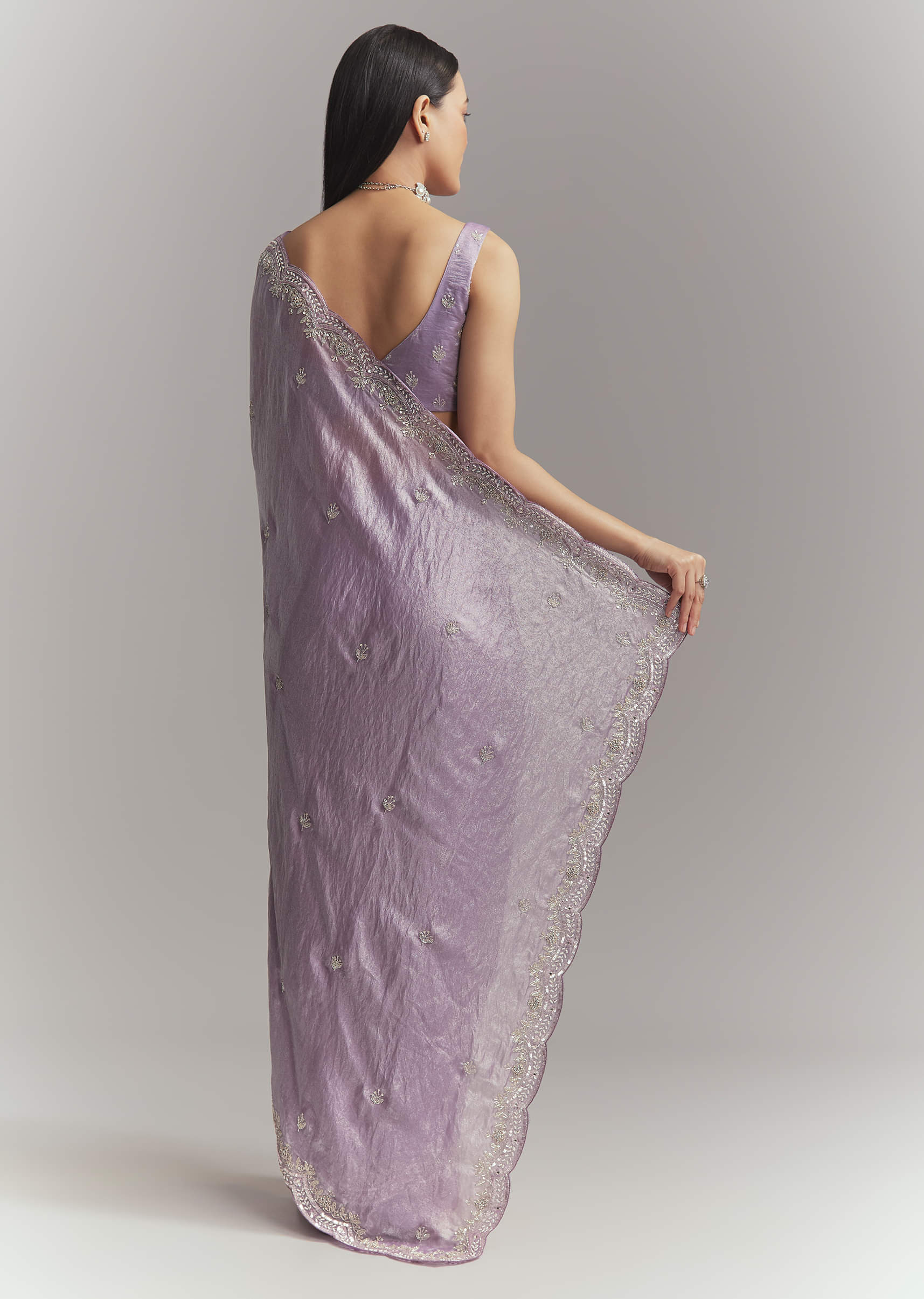 Lavender Chinon Embroidered Saree With Floral Embroidery - Image 5