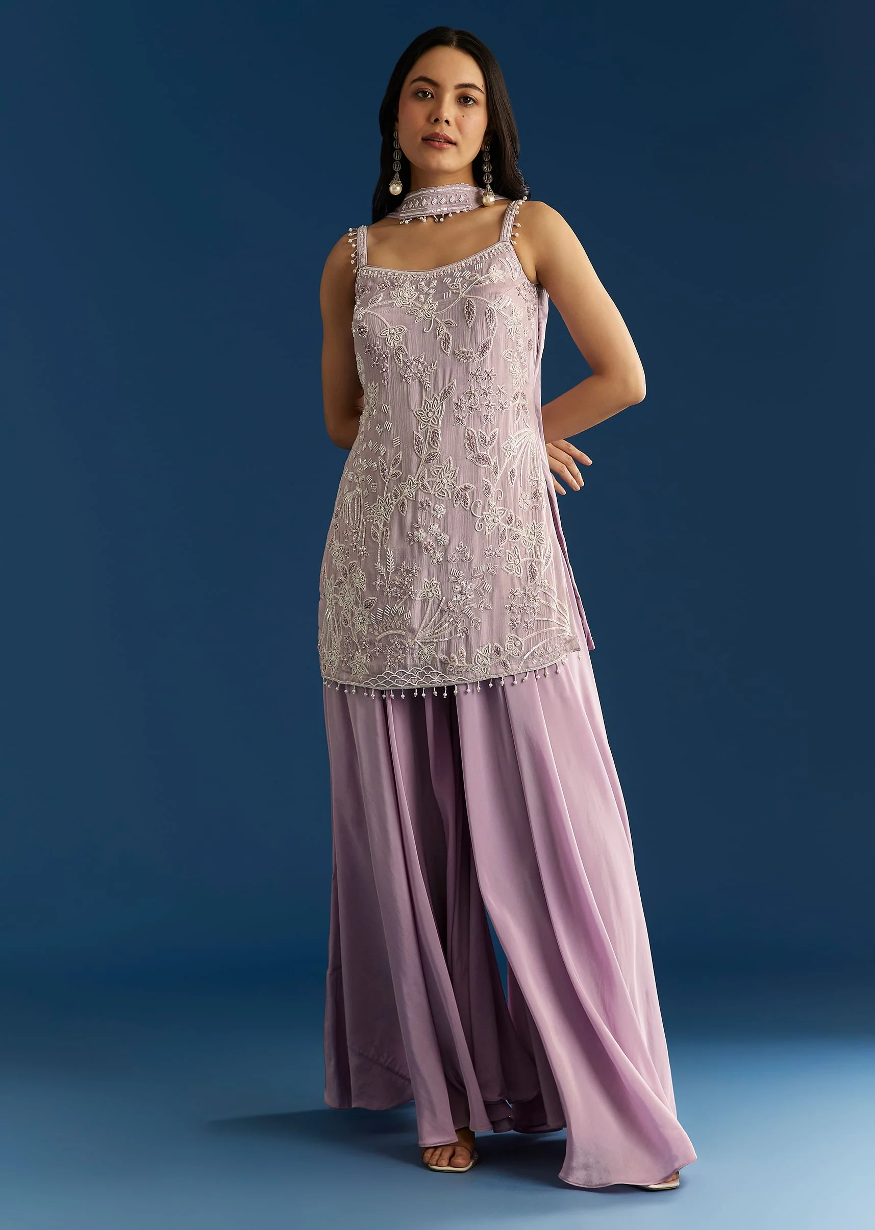 Lavender Chinon Moti Sequin Palazzo Set With Choker Style Dupatta - Image 3