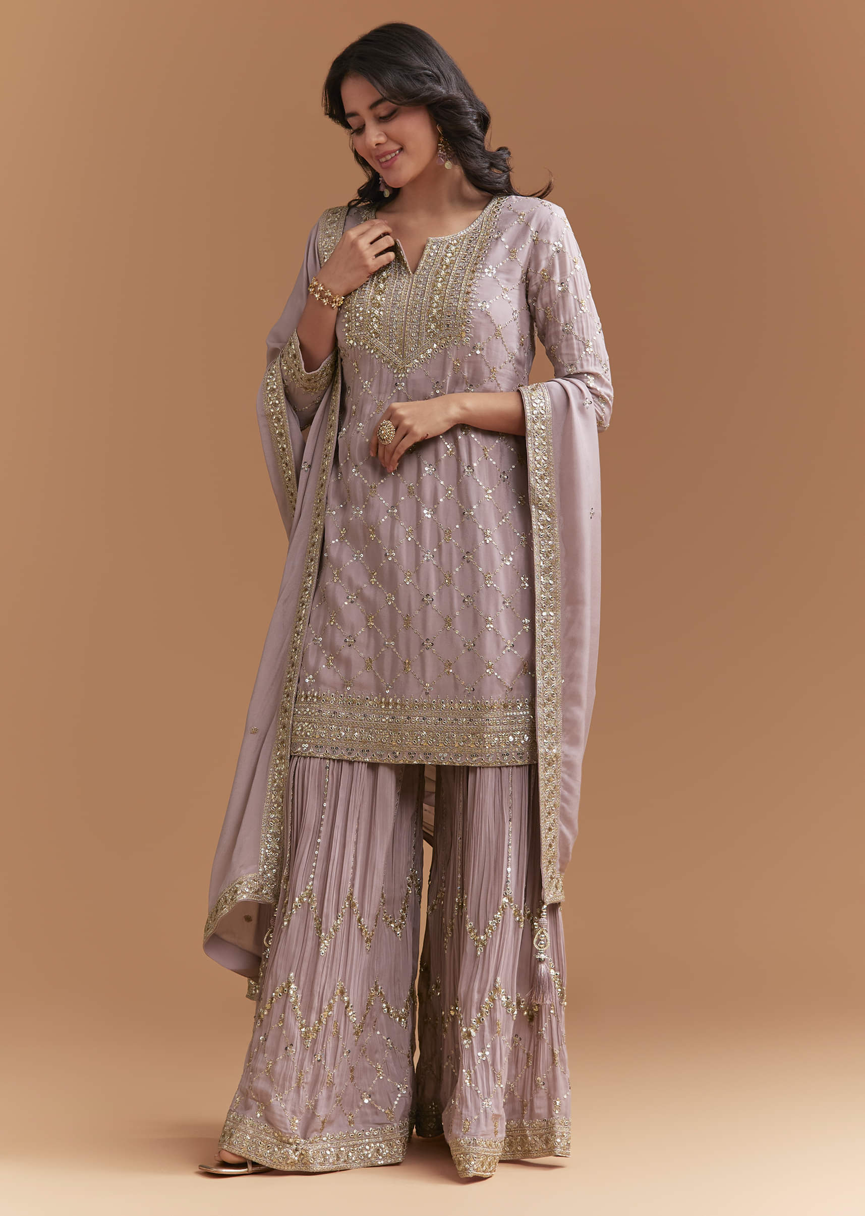 Lavender Chinon Palazzo Suit With Intricate Sequins Work - Image 4