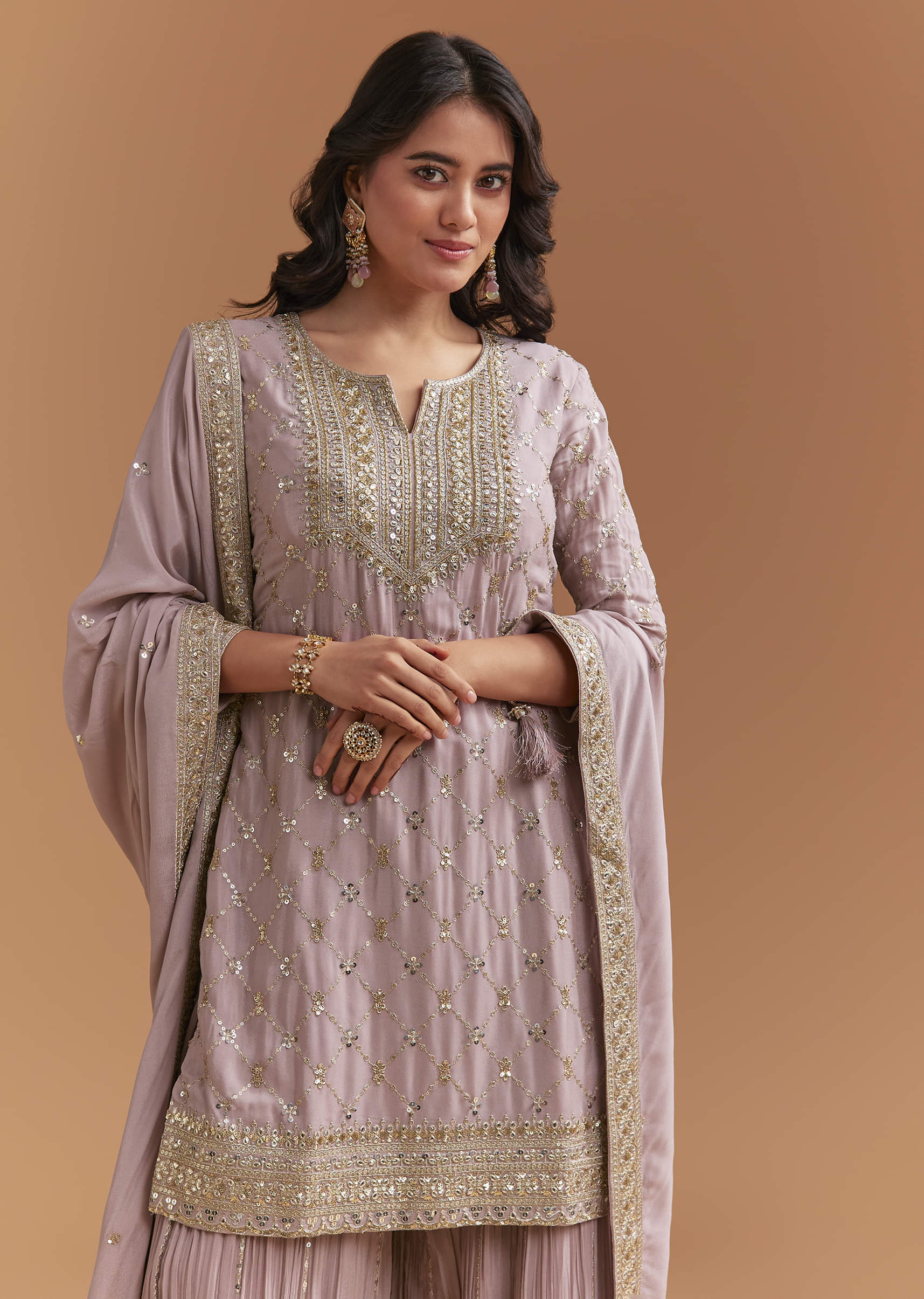 Lavender Chinon Palazzo Suit With Intricate Sequins Work - Image 5