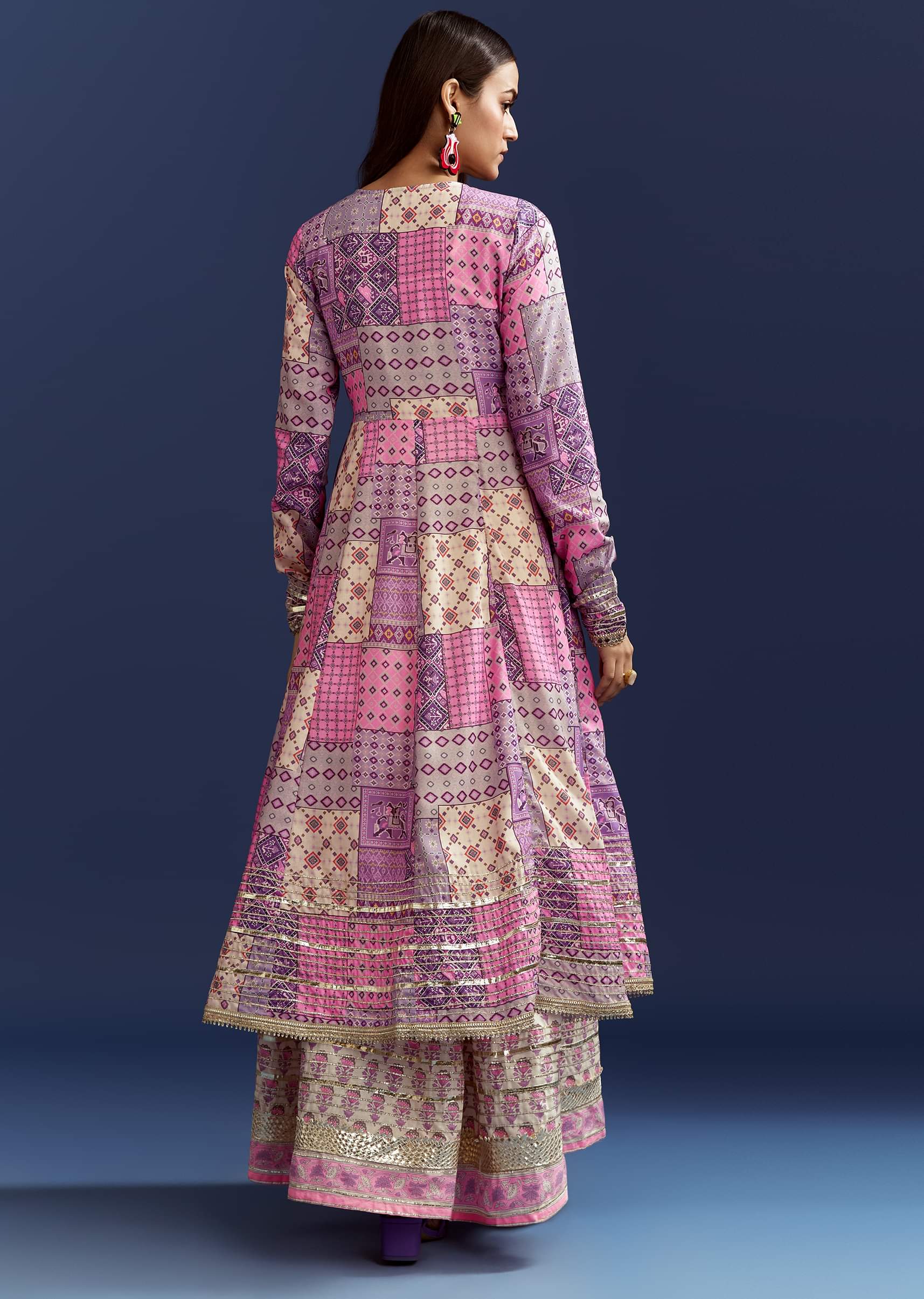 Lavender Floral Gotta Lace Kurta With Angrakha Jacket - Image 5
