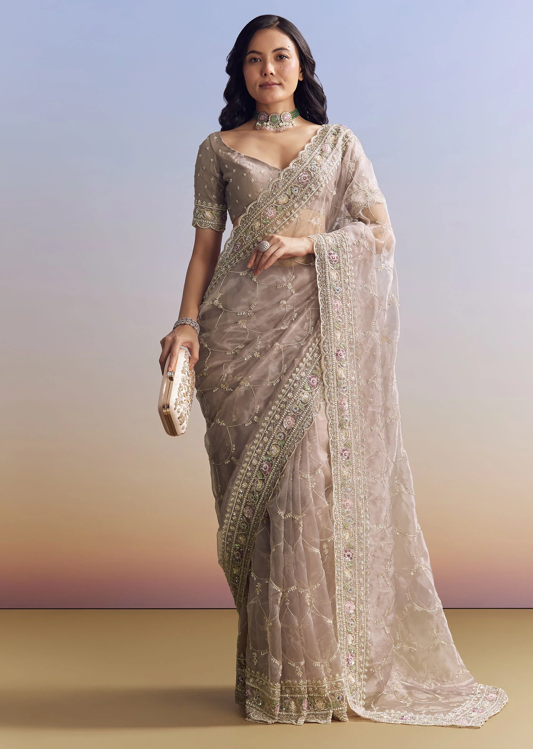 Lavender Glass Tissue Saree With Multicolor Sequins And Heavy Jaal - Image 5