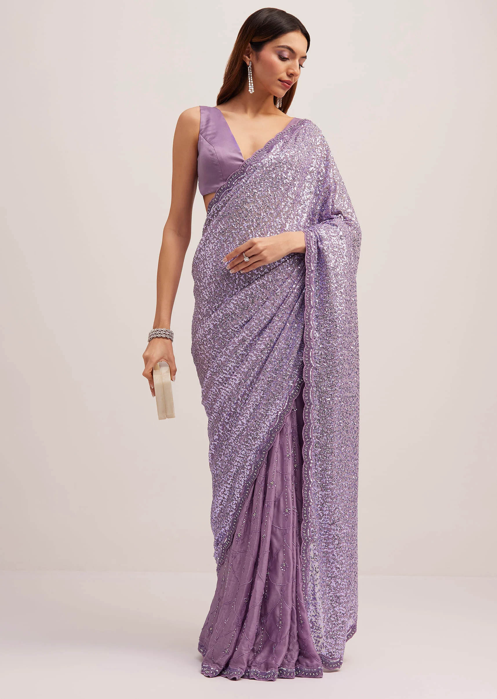 Lavender Half And Half Sequins Saree - Image 3