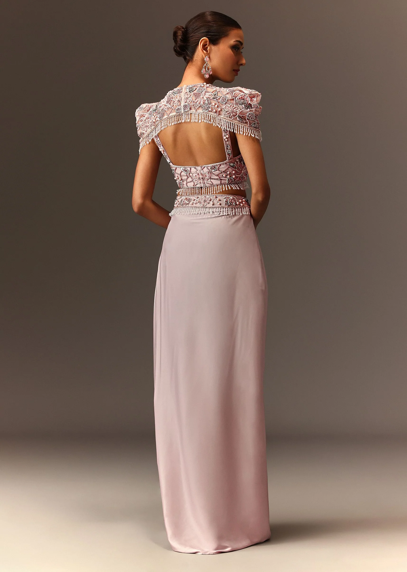 Lavender Hand Embroidered Blouse And Croped Cape With Drape Skirt - Image 6