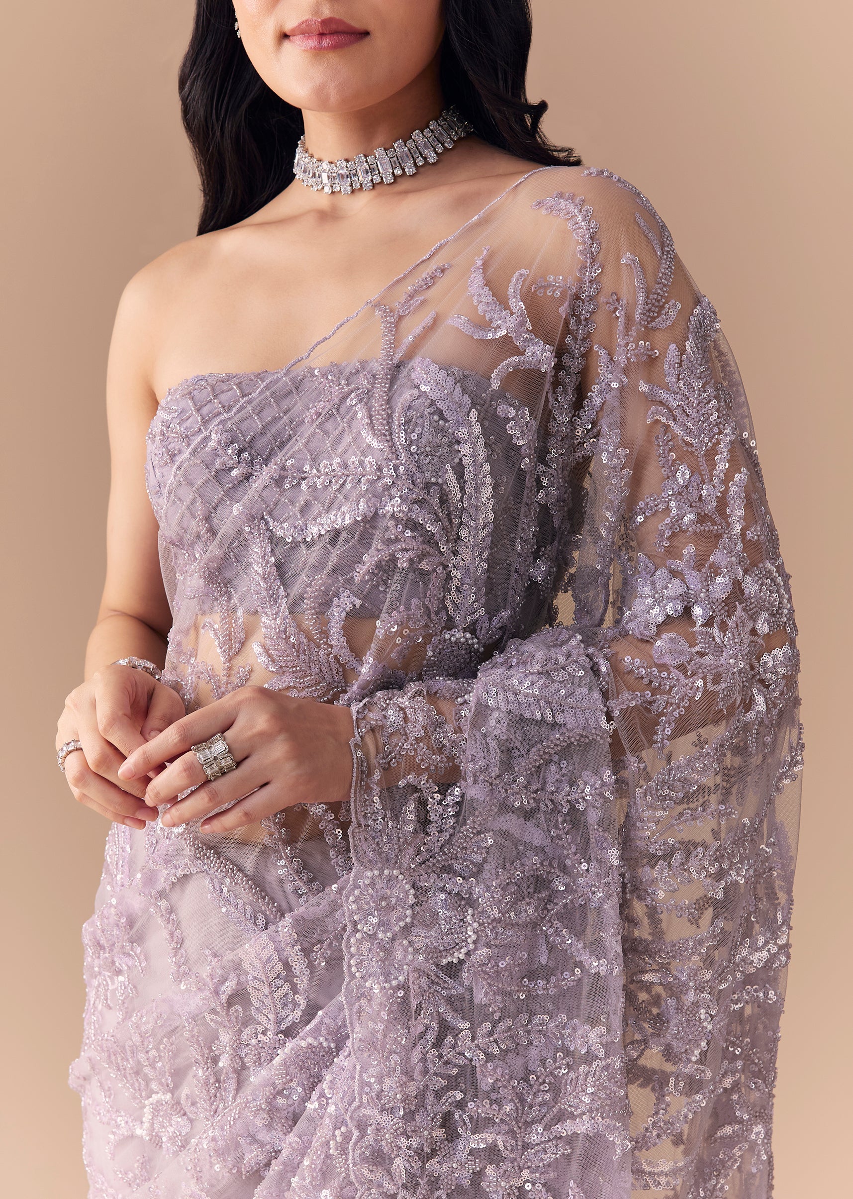 Lavender Net Floral Work Saree with Unstitched Blouse - Image 2