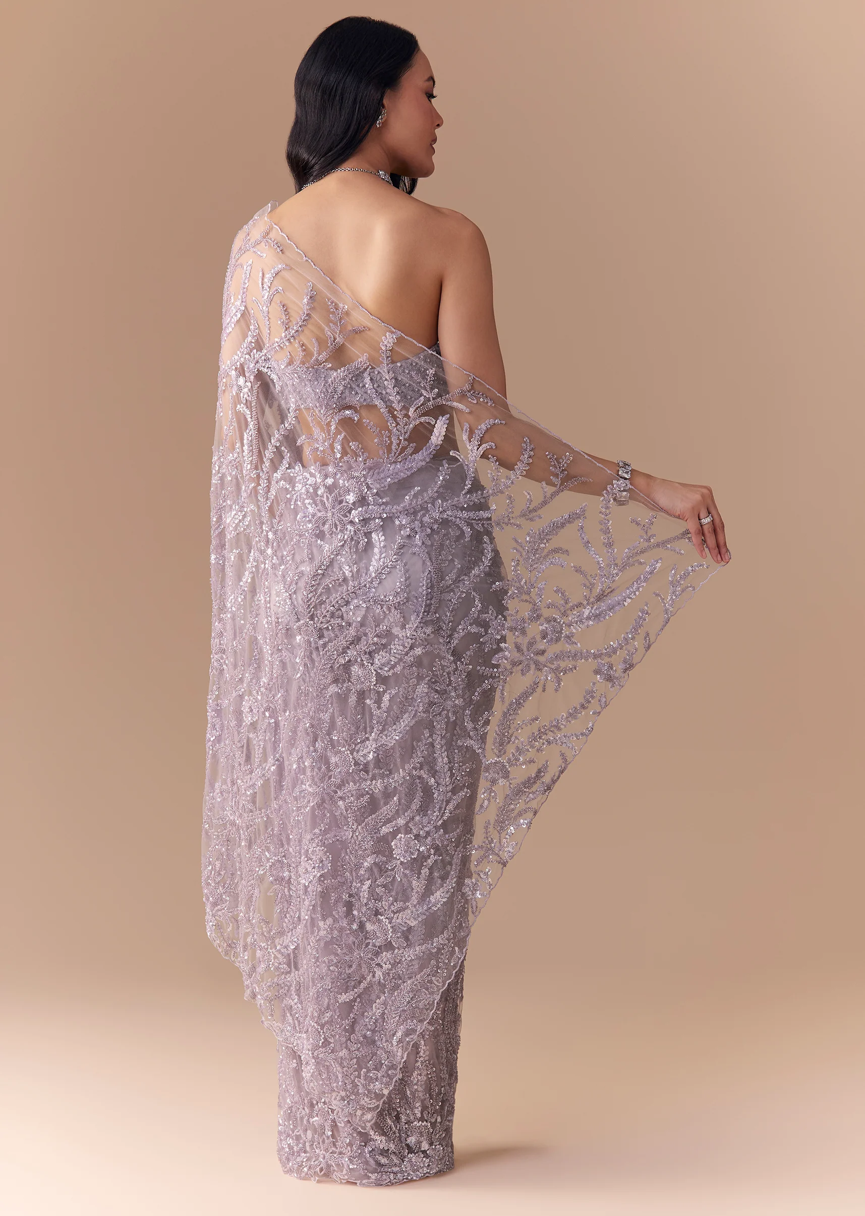 Lavender Net Floral Work Saree with Unstitched Blouse - Image 5