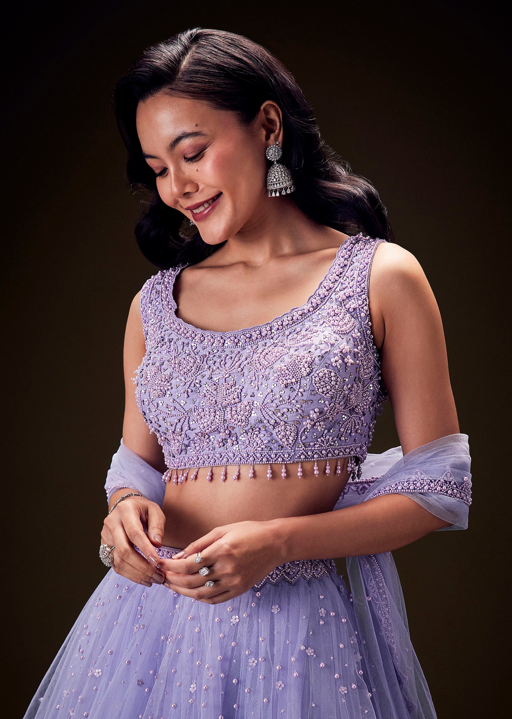 Lavender Net Hand Embroidered Pearl Work Lehenga Set - Image 5