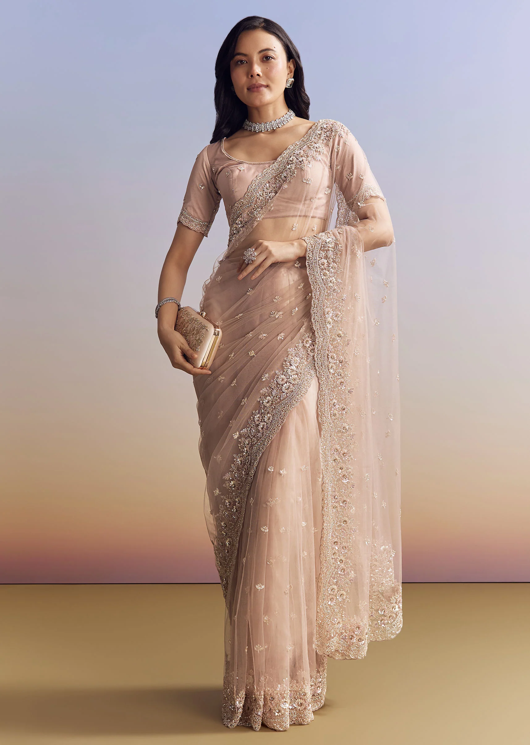 Lavender Net Saree With Scalloped Border - Image 2