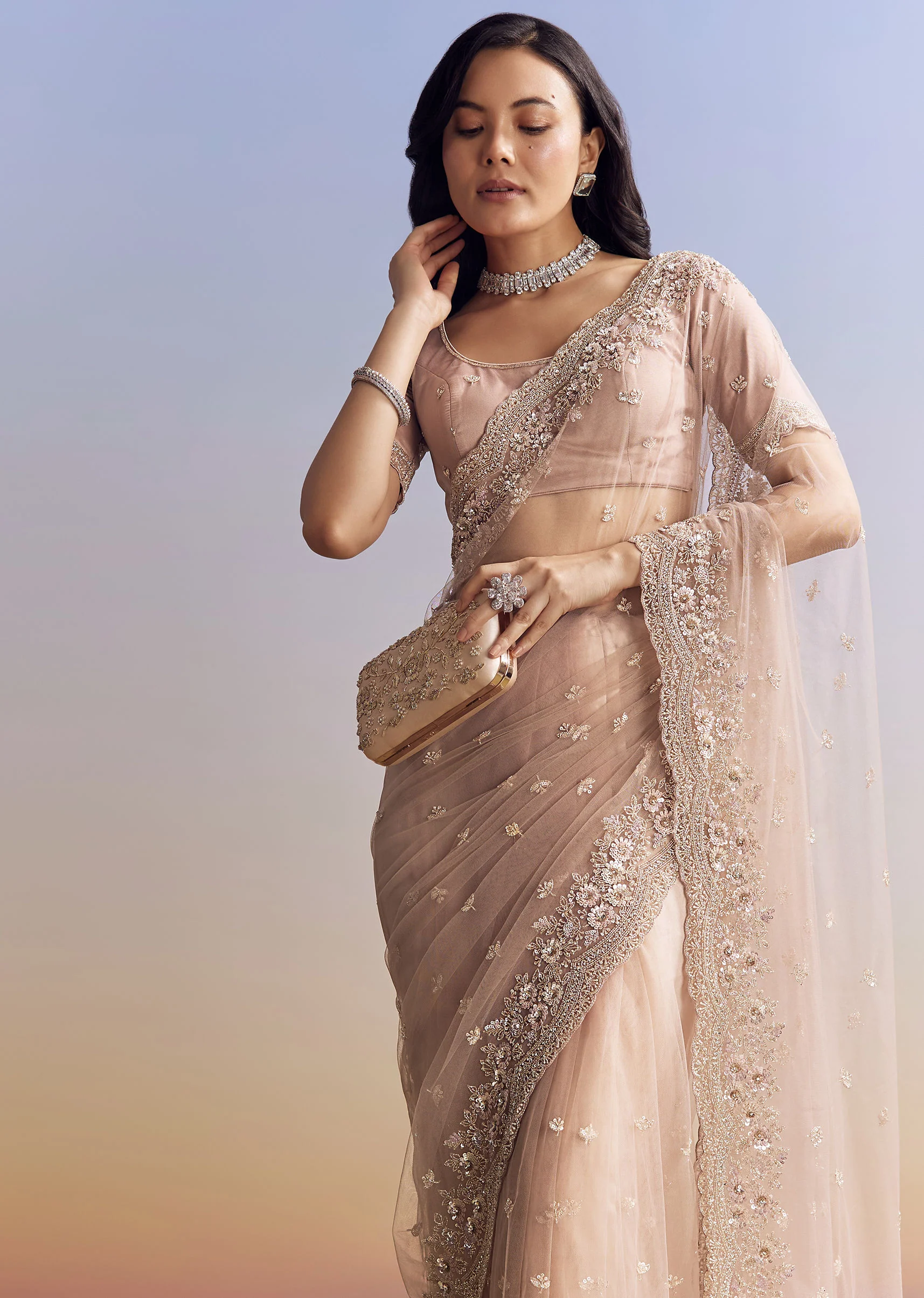 Lavender Net Saree With Scalloped Border - Image 4