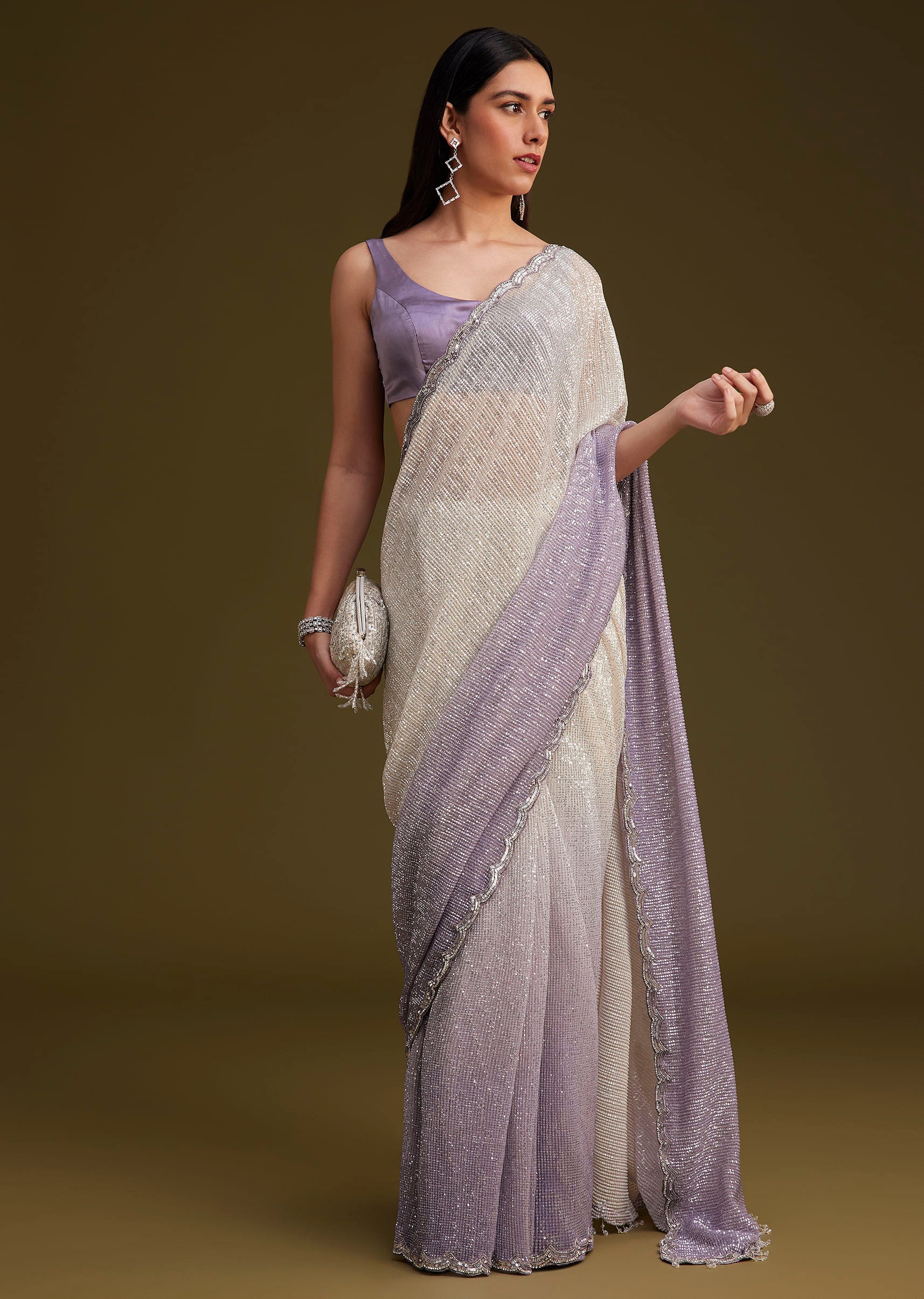 Lavender Ombre Sequins Saree With Scallop Embroidery Border - Image 3