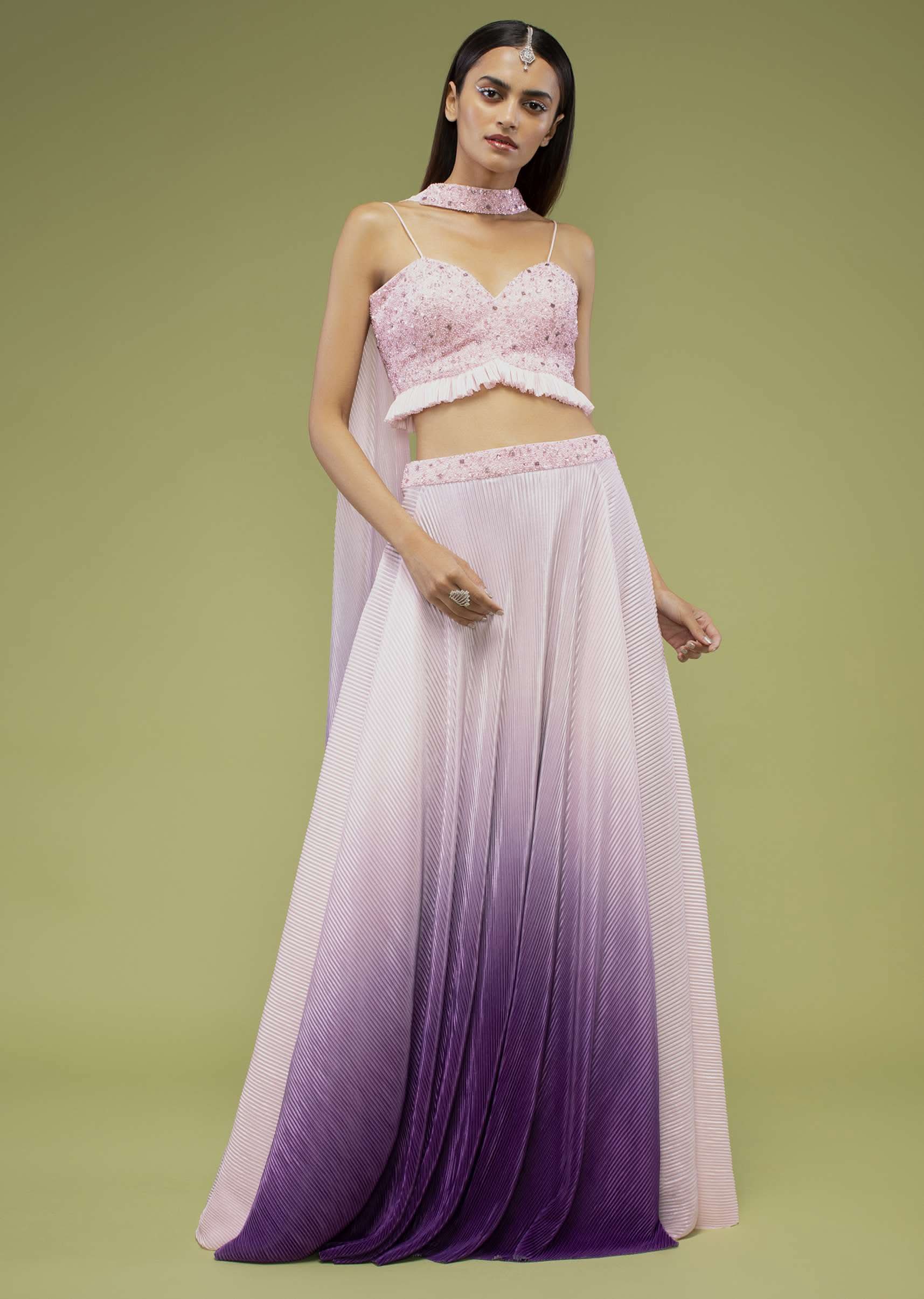 Lavender Ombre Skirt And Crop Top Set In The Crush, Paired With The Spaghetti Straps With A Sweet Heart Neckline - Image 3