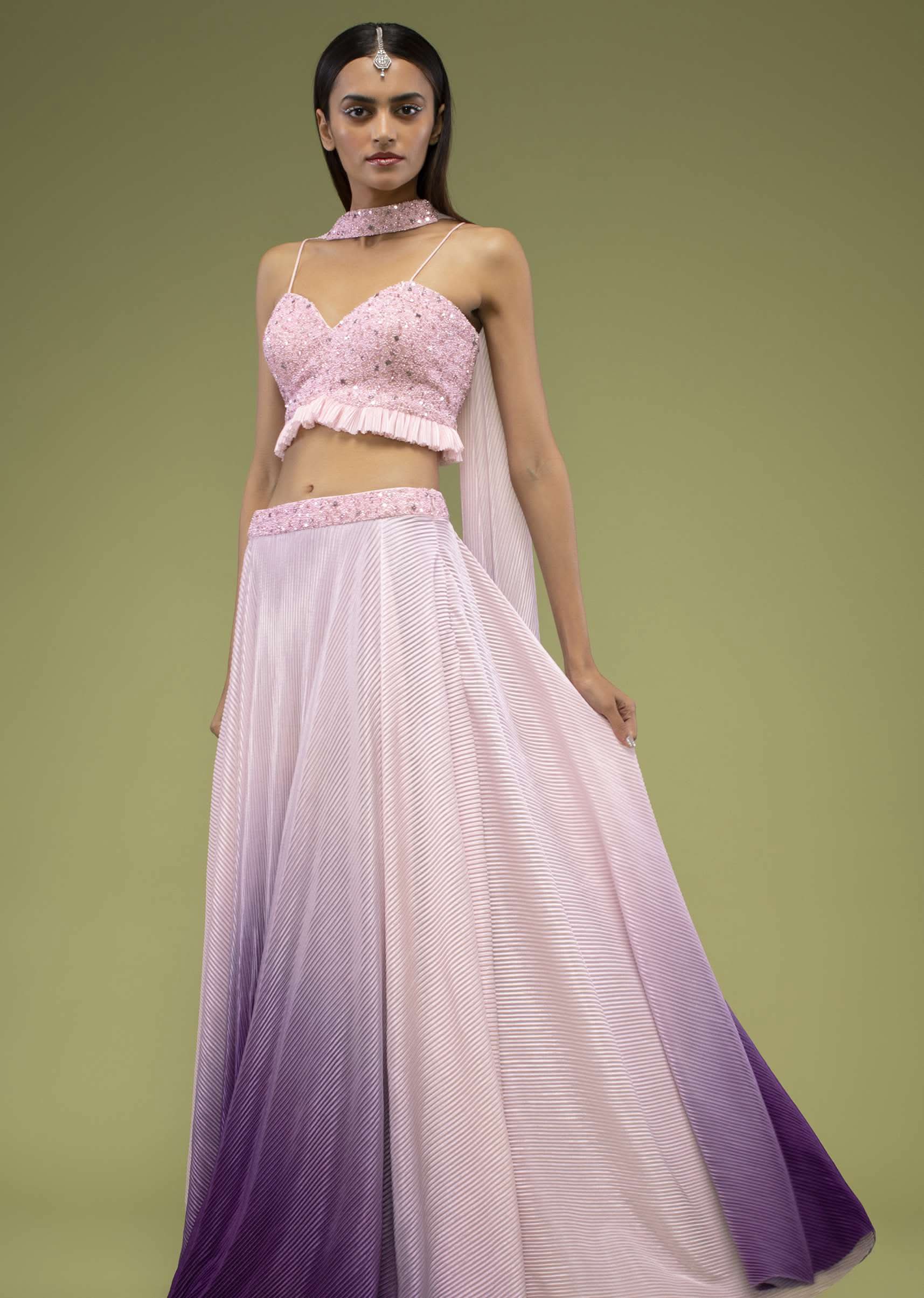 Lavender Ombre Skirt And Crop Top Set In The Crush, Paired With The Spaghetti Straps With A Sweet Heart Neckline - Image 4