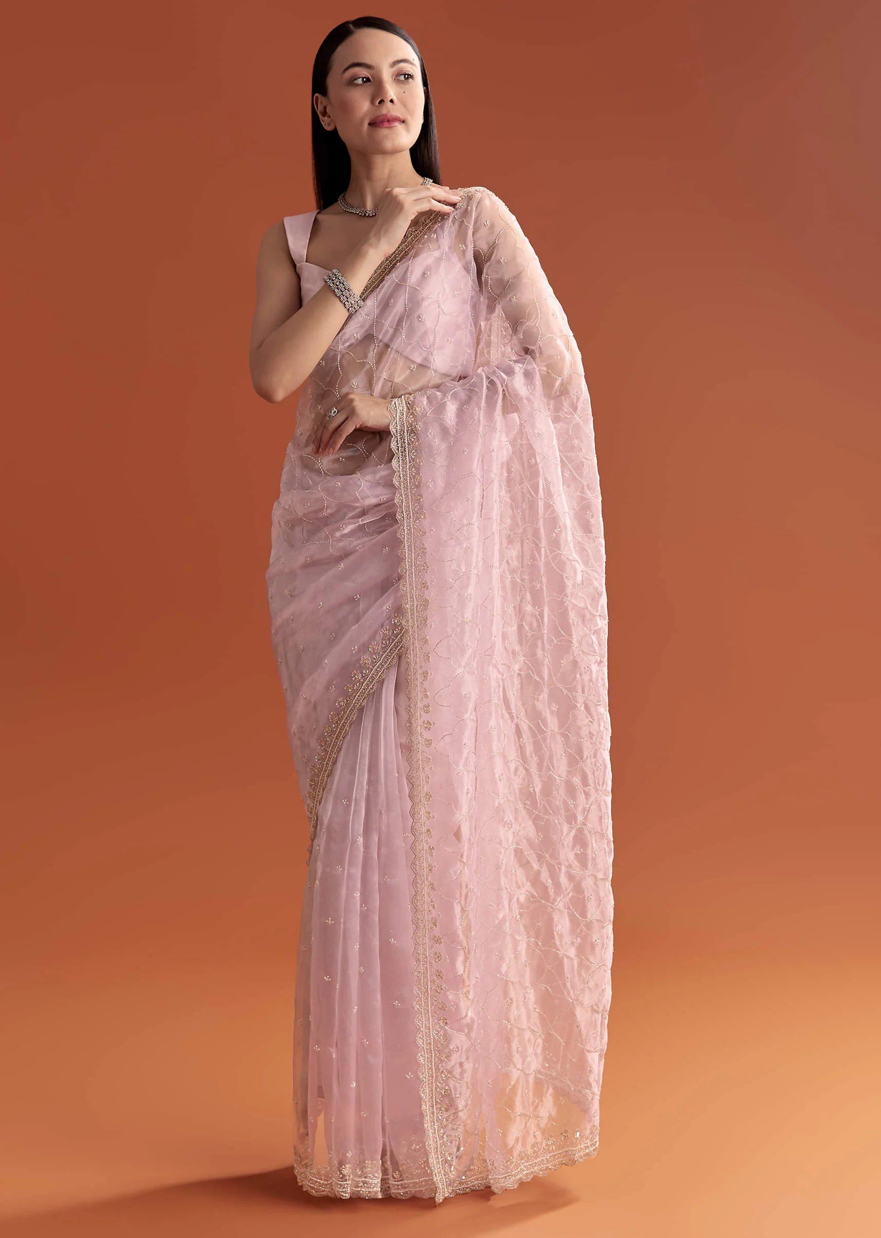 Lavender Organza Embroidered Saree With Jaal And Butti Work