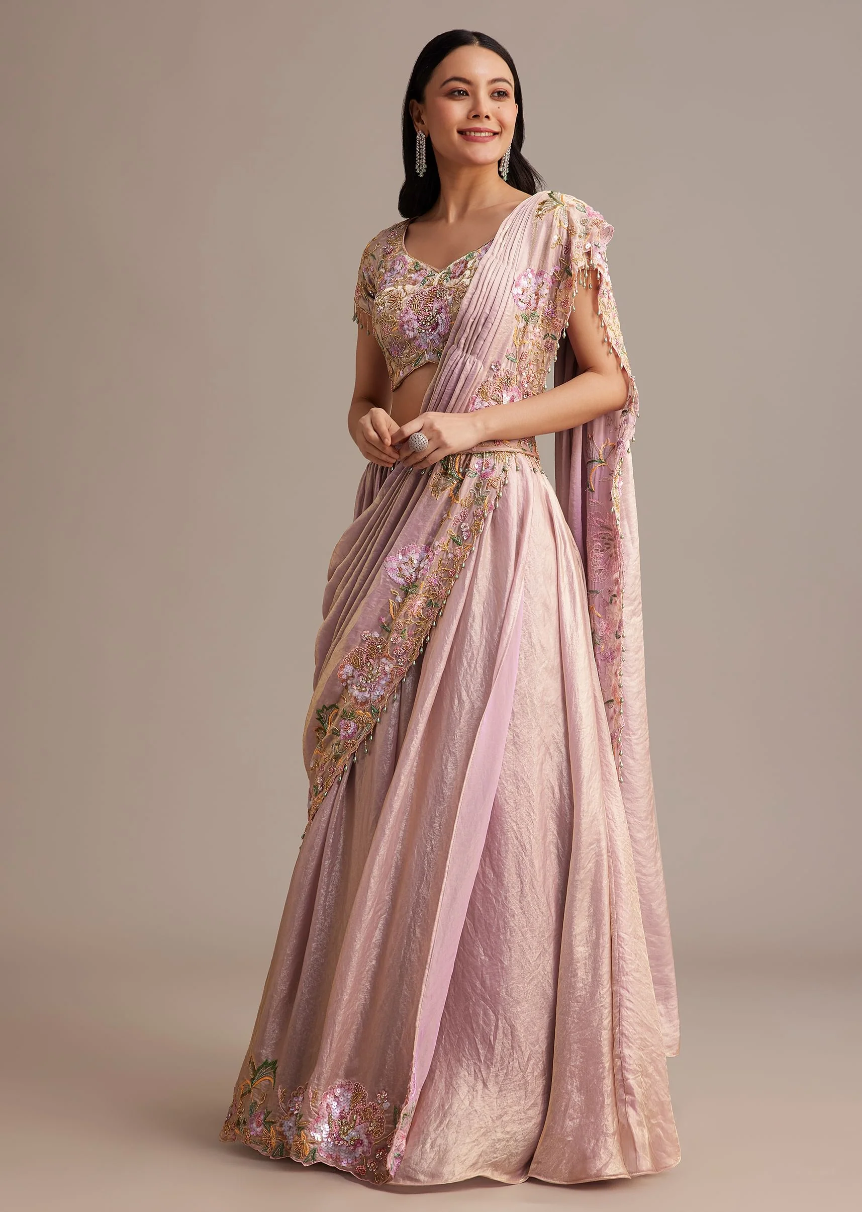 Lavender Organza Tissue Lehenga Set With Sequins And Bead Work - Image 3