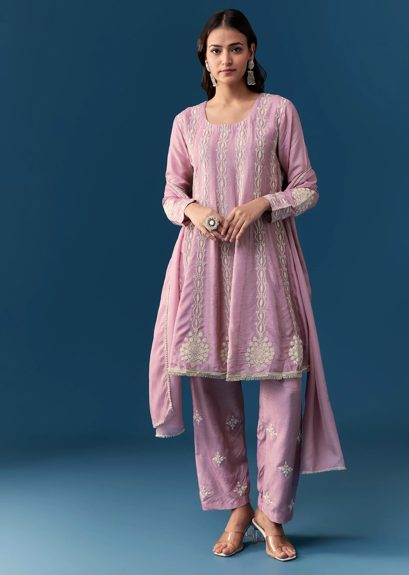Lavender Pastel Pakistani Style Anarkali Suit With Thread Work - Image 3
