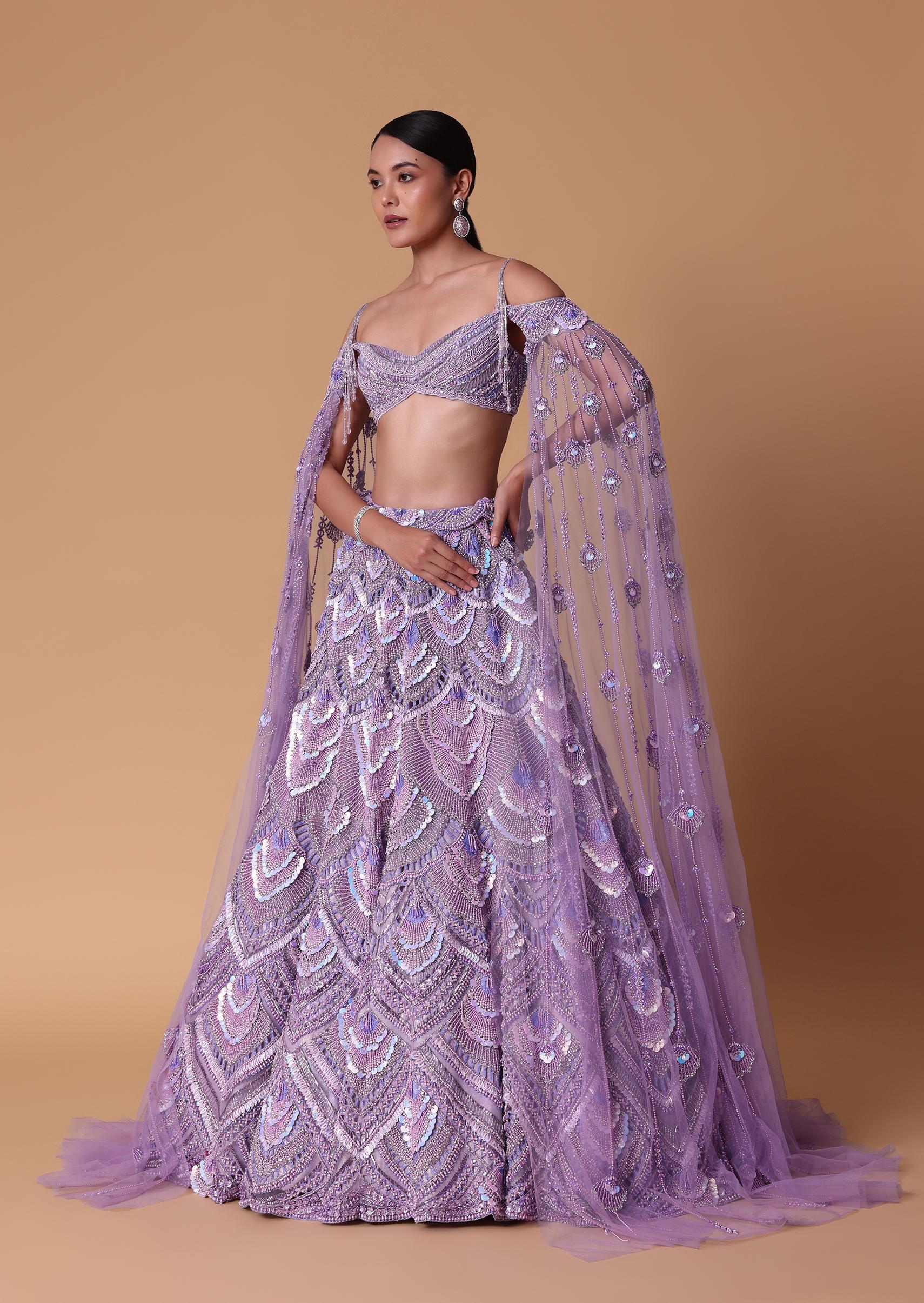 Lavender Pearl Embellished Lehenga Wth Off Shoulder Draped Cape - Image 2