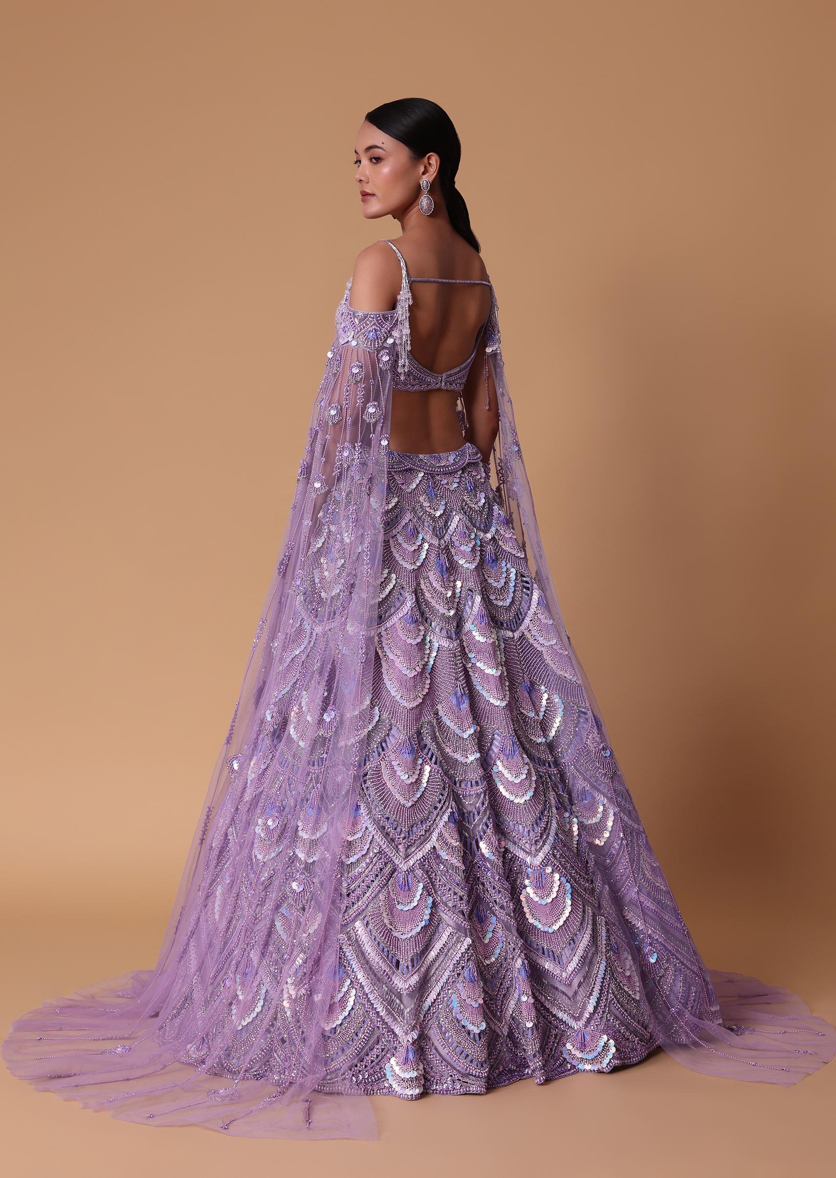 Lavender Pearl Embellished Lehenga Wth Off Shoulder Draped Cape - Image 4