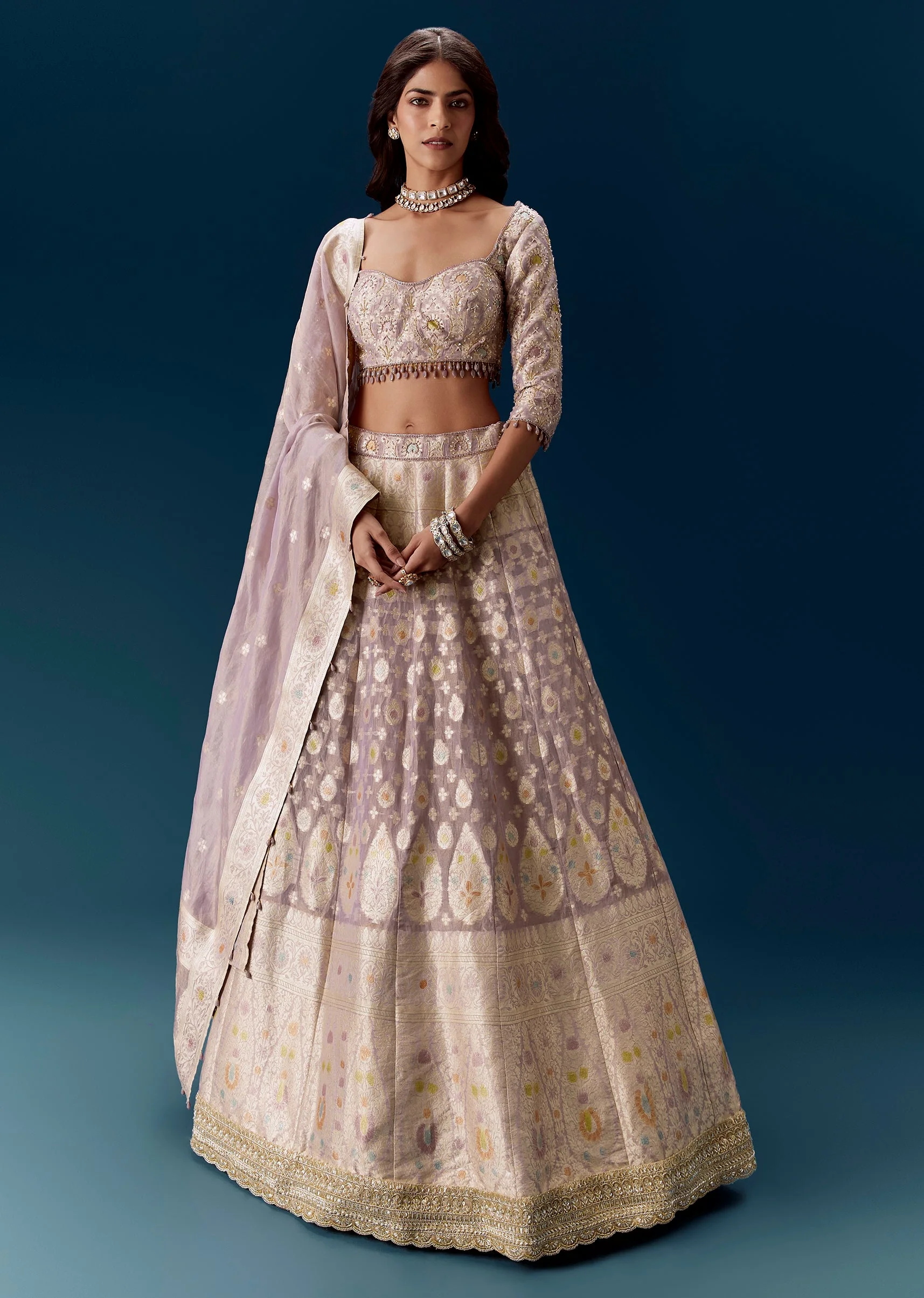 Lavender Purple Banarasi Embroidered Bridal Lehenga And Dupatta