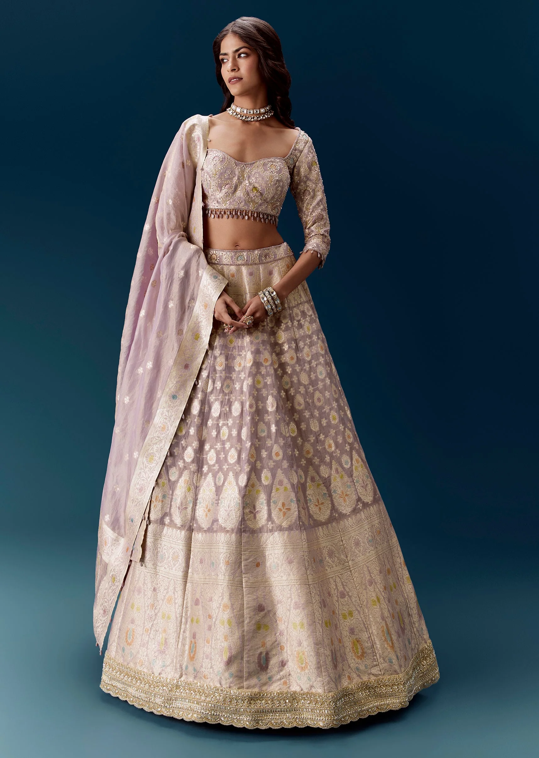 Lavender Purple Banarasi Embroidered Bridal Lehenga And Dupatta - Image 4