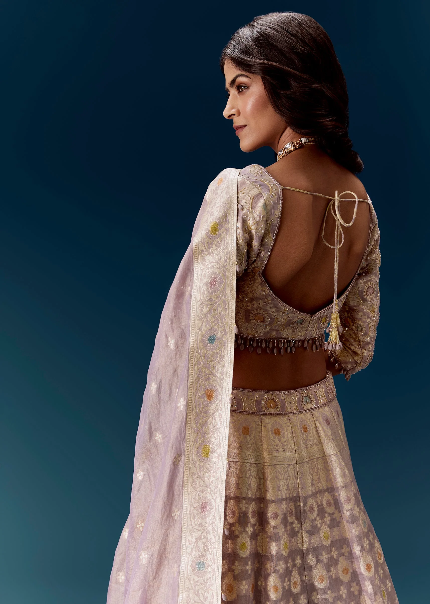 Lavender Purple Banarasi Embroidered Bridal Lehenga And Dupatta - Image 6